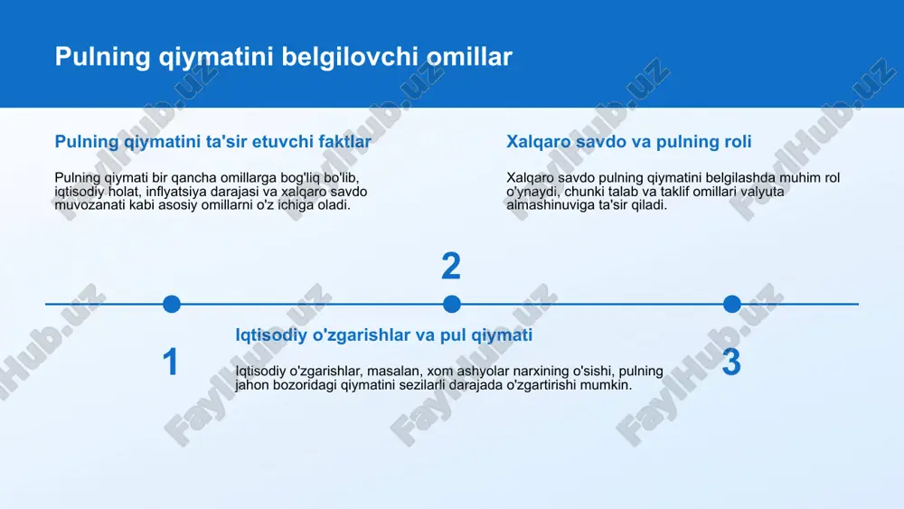 qarish uchun zarur. ular iqtisodiy o'sish uchun muhim omillardir. 8 iqtisodiy o'sishga pulning ta'siri investitsiya va o'sish aloqasi pul iqtisodiy o‘sishga katta ta’sir ko‘rsatadi. pul orqali ishlab chiqarish, savdo va xizmat ko‘rsatish jarayonlari osonlashadi. pul mavjudligi bizneslar va korxonalar uchun investitsiya qilish imkonini yaratadi, yangi ish o‘rinlarini hosil qiladi va ishlab chiqarishni kengaytiradi. shuningdek, pul bozor narxlarini aniqlashga yordam beradi va moliyaviy barqarorlikni ta’minlaydi. tejash va kredit tizimi ham iqtisodiy faoliyatni rag‘batlantiradi, natijada mamlakatning umumiy iqtisodiy o‘sishi yaxshilanadi. 9 pul va investitsiya strategiyalari 1 strategik investitsiyalar va moliya jahon puli investitsiya strategiyalarini rejalashtirishda muhim ahamiyatga ega. bu resurslarning optimal taqsimlanishiga olib keladi. 2 pul sifatida investitsiya variantlari jahon puli sifatida ishlatiladigan valyutalar investitsiya variantlari sifatida qaraladi, bu iqtisodchi mutaxassislarga qo'shimcha imkoniyatlar yaratadi. 3 risklarni boshqarish va pul investitsiya jarayonlarida pulning ahamiyati risklarni boshqarish va nazorat qilishda kutilgan ijobiy yondashuvni ta'minlaydi. 4 moliyaviy strategiyalar va jahon puli moliyaviy strategiyalarni ishlab chiqishda …