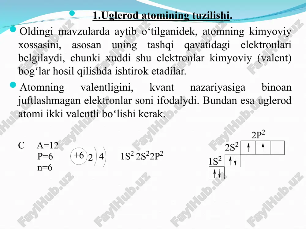 kj/mol, π- bogʻ 256 kj/mol boʻlib, shuning uchun ham π- bogʻ oson uzilib etilen biriktirib olish reaktsiyasiga oson kirishadi. qoʻsh bogʻ tutgan uglerod atomiga nisbatan α uglerod atomidagi vodorod atomlari ham nisbatan (β, γ-ga) qoʻzgʻalgan boʻlib, oson almashinadi. bunda burchak . etilenda c=c bogʻ uzilish 1,34 ga c-h bogʻ uzunligi esa 1,08 ga teng. 3. – gibridlangan uglerod atomli organik moddalar. atsetilen molekulasidagi uglerod atomlari orasidagi uch bogʻlarning bittasi σ-bogʻ (2 ta gibridlangan orbitallar bogʻlanish) va 2 ta π- bogʻ ( 2 ta p-p orbitallar orasidagi bogʻlanish) mavjud boʻlib, uch bogʻ energiyasi 824 kj/mol (2 π ∙ 246 kj/mol=492 kj/mol 1ta σ-bogʻ energiyasi 236 kj/mol) ga teng. c≡c 1,20 , ≡c–h 1,06 . uch bogʻ energiyasi (824) 3 ta oddiy bogʻ energiyasi (3 ∙ 332≡996) dan 174,5 kj/molga kam, bu esa alkinlarning oʻziga xos xossalarini (birikish, ≡c–h vodorodini almashtirish (kislota), polimerlanish, uchbogʻdan uzilishni (oksidlanish)) ifodalaydi. organik moddalarda gibridlanish. agar metan …