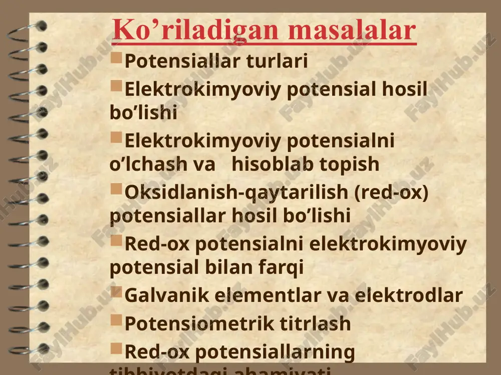 d-ox potensiallarni o`lchash o`lchovchi elektrodlar: pt, ir, pd - e.yu.k uchun pt/ hg/h+, shisha elektrodi - ph uchun solishtirish elektrodlari: ag/agcl/kcl (to`yingan) -kumush hloridli elektrod (e = 0,201 v), hg/hg2cl2/ kcl (to`yingan) -kalomelli elektrod (e = 0,246 v). shisha elektrodining tuzilishi ag/agcl shisha membrana 0,1 m hcl shisha elektrod cu galvanik element shemasi pt k3[fe(cn)6] agcl; ag k4[fe(cn)6] kcl (to`yingan) ag agcl;hcl shisha aniql-gan agcl; ag [h+]=const memb- eritma kcl rana [h+]=x (to`ying.) potensiometrik titrlash egri chiziqlari hcl + naoh = nacl + h2o vnaoh ph vnaoh vnaoh e ph integral chizma hcl + naoh = nacl + h2o potensiometrik titrlash egri chiziqlari vnaoh δph δ(e) e.n. nnaoh·vnaoh nhcl = --------------- vhcl diferensial chizma unknown-0