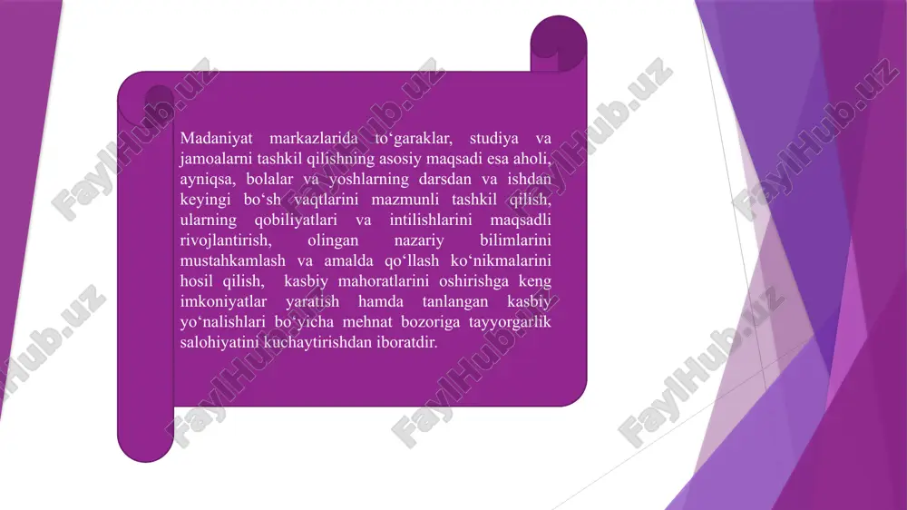 lotning yanada samarali bo‘lishiga imkon yaratadi. to‘garak rahbari uchun yuqori ma’naviy qadriyatlar, adolat, murosaga ochiq bo‘lish kabi jihatlar muhimdir. bu ishtirokchilarga yaxshi namuna bo‘lishga yordam beradi va ularni ijobiy harakatlarga undaydi. to‘garak faoliyatida turli xil muammolar va qiyinchiliklar yuzaga kelishi mumkin. rahbar ushbu vaziyatlarni samarali hal qilish, stressni boshqarish va muammolarni konstruktiv tarzda hal etish ko‘nikmalariga ega bo‘lishi kerak. umuman olganda, to‘garak rahbarining tashkilotchilik madaniyati uning faoliyatini muvaffaqiyatli va samarali olib borishga yordam beradi, ishtirokchilarga esa o‘zlari uchun foydali va qiziqarli tajriba olish imkonini yaratadumuman olganda, to‘garak rahbarining tashkilotchilik madaniyati uning faoliyatini muvaffaqiyatli va samarali olib borishga yordam beradi, ishtirokchilarga esa o‘zlari uchun foydali va qiziqarli tajriba olish imkonini yaratadii. e’tiboringiz uchun rahmat! image1.png image2.png image3.png image4.png image5.jpeg image6.jpeg image7.jpeg /docprops/thumbnail.jpeg