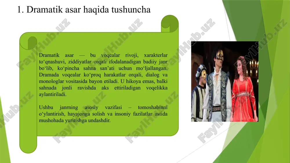 shunday ekan, dramatik asarni o‘rganish, tahlil qilish va sahnalashtirish orqali biz insoniy qadriyatlarni anglash, ma’naviy yuksalish sari intilamiz va bu janr orqali jamiyatga ijobiy g‘oyalarni singdirish, madaniyatimizni boyitish imkoniga ega bo‘lamiz. zamonaviy hayotda dramatik asarlar o‘z ahamiyatini yo‘qotgani yo‘q — aksincha, u yangi shakllar (kino, serial, videodrama) orqali keng auditoriyaga yetib bormoqda. yurtimiz teatrlarida sahnalashtirilayotgan zamonaviy dramalar orqali bugungi ijtimoiy, axloqiy, oilaviy mavzular yoritilib, yoshlar va kattalar orasida ijobiy ta’sir uyg‘otmoqda. foydalanilgan adabiyotlar ro’yxati: 1. niyoziy, h.h. (1928). zaharli hayot. toshkent: o‘zssr davlat nashriyoti. 2. ahmad, s. (1970). kelinlar qo‘zg‘oloni. toshkent: g‘afur g‘ulom nomidagi adabiyot va san’at nashriyoti. 3. yashin, k. (1984). tanlangan asarlar. toshkent: o‘zbekiston nashriyoti. 4. o‘zbekiston milliy ensiklopediyasi. (2005). “dramaturgiya” maqolasi. toshkent: milliy ensiklopediya bosh tahririyati. 5. san’at akademiyasi. (2023). dramatik san’at va teatr. toshkent: o‘zbekiston san’at akademiyasi nashriyoti. 6. ziyouz.uz – o‘zbek va jahon dramaturgiyasi haqida maqolalar. https://ziyouz.uz 7. ziyonet.uz – adabiyot va teatrga oid ta’limiy …