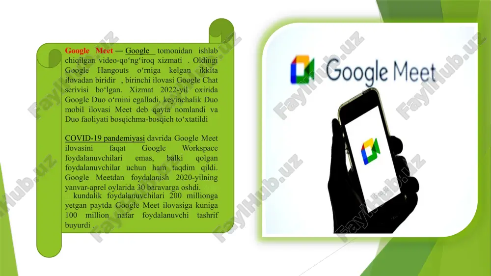 reklama tavsiyalari uchun foydalanilmaydi. biroq, google qoʻngʻiroqlar davomiyligi, kimlar qatnashayotgani va ishtirokchilarning ip manzillari haqidagi maʼlumotlarni toʻplash huquqini oʻzida saqlab qoldi. texnologiya webrtc standartiga asosan, google meet video oqimini ixchamlash uchun vp8 va vp9 video kodeklaridan va ovoz oqimini sozlash uchun opus audio kodeklaridan foydalanadi. 2020-yil aprel oyida google av1 video kodekni qoʻllab-quvvatlashini eʻlon qildi . google meet audio va video oqimini boshqarish uchun xususiy dasturiy protokollardan foydalanadi. bunda, asosan, sip/h.323 asosidagi konferensiya uskunalari va dasturiy ta'minotlari qoʻllanadi. shuningdek, google workspace hisobi foydalanuvchilari uchun uchinchi tomon xizmatlari ham mavjud. texnik taʼminoti 2020-yilning may oyida asus konferensiya xonalarida google meetdan foydalanish uchun moʻljallangan video-konferens-aloqa uskunasini taqdim etdi, unga „meet compute system“ deb nom berildi 2020-yil 15-sentyabrda google lenovo bilan hamkorlikda meet series oneni taqdim etdi. ushbu toʻplam meet compute system, „smart camera“, shovqinni kamaytiruvchi „smart audio bar“, masofadan boshqarish pulti va sensorli ekranni oʻz ichiga oladi. shuningdek, google assistantni ham qoʻllab-quvvatlaydi …