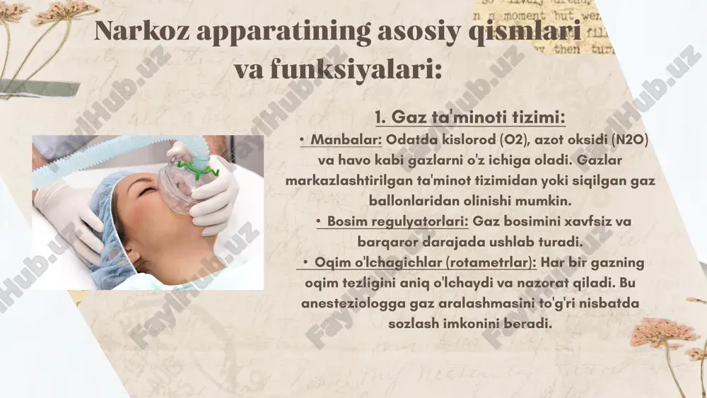 sxemasi. kislorod 150 atm bosim ostida ko'k tsilindrlarda saqlanadi. tsilindrning chiqishida kislorod va dinitrogen oksidi bosimini kamaytirish uchun uni 3-4 atmgacha kamaytiradigan reduktorlar qo'llaniladi.vaporizatorlar suyuq giyohvand moddalar uchun mo'ljallangan va giyohvand moddalar quyilgan kavanozdir. narkotik moddaning bug'lari klapan orqali behushlik mashinasining sxemasiga yo'naltiriladi; bug'larning konsentratsiyasi atrof-muhit haroratiga bog'liq. dozalash, ayniqsa dietil efir, ixtiyoriy birliklarda aniq bajariladi. hozirgi vaqtda harorat kompensatori bo'lgan bug'lashtirgichlar keng tarqalgan bo'lib, bu giyohvand moddalarni aniqroq dozalash imkonini beradi - hajm foizlarida. dozimetrlar gazsimon giyohvand moddalar va kislorodni aniq dozalash uchun mo'ljallangan. ko'pincha aylanadigan dozimetrlar qo'llaniladi - float tipidagi rotametrlar. shisha trubaning ichidagi gaz oqimi pastdan yuqoriga qarab harakat qiladi. float joy almashinuvi litrda (l/min) daqiqali gaz sarfini aniqlaydi. nafas olish pallasi nafas olish pufagi, sumka, shlanglar, klapanlar va adsorberdan iborat. nafas olish sxemasi orqali giyohvand moddalar dozimetr va bug'lashtiruvchidan bemorga yo'naltiriladi va bemor tomonidan chiqarilgan havo apparatga yo'naltiriladi. narkotik gazlar va ekshalatsiya qilingan havoning atmosfera havosiga …