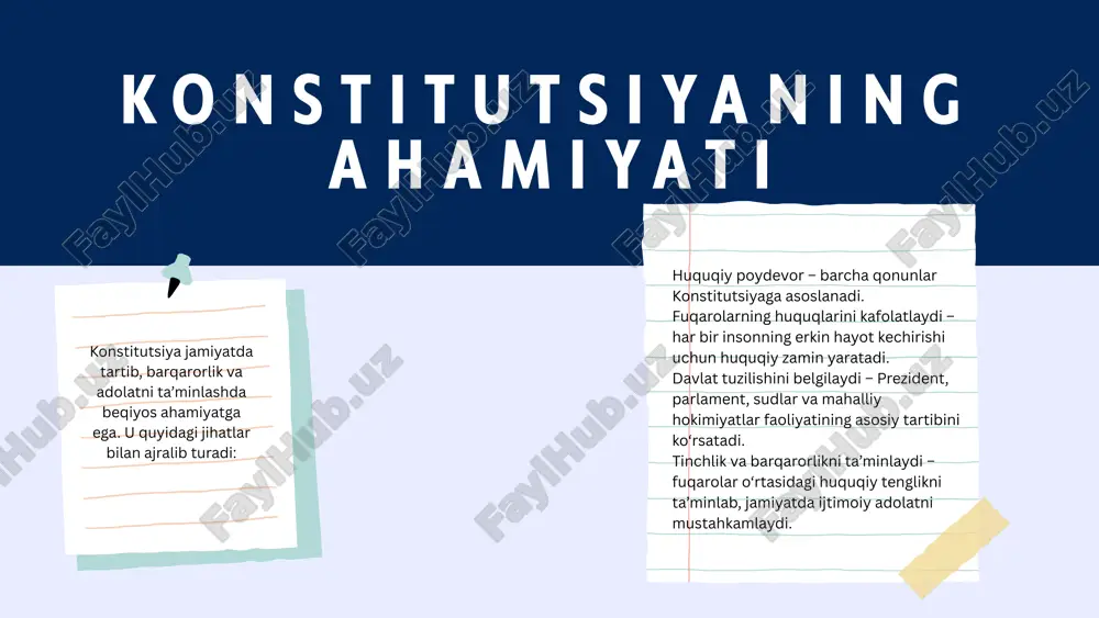 ustahkam qalqoni!” xulosa o‘zbekiston respublikasi konstitutsiyasi (2023-yilgi tahrir).o‘zbekiston respublikasi konstitutsiyasi (2023-yilgi tahrir). foydalanilgan adabiyotlar o‘zbekiston respublikasi konstitutsiyasi (2023-yilgi tahrir). “o‘zbekiston respublikasi konstitutsiyasi sharhi”. – t.: adolat nashriyoti, 2023. www.lex.uz – qonun hujjatlari milliy bazasi. www.constitution.uz – konstitutsiya rasmiy portali. karimov i.a. “yuksak ma’naviyat – yengilmas kuch”. – t.: ma’naviyat, 2008. etiboringiz uchun rahmat image9.png image10.svg image11.png image12.svg image13.png image14.svg image15.gif image1.png image2.svg image3.png image4.svg image5.png image6.svg image7.png image8.svg image16.png image17.svg image18.png image19.svg image20.png image21.svg image22.png image23.png image24.png image25.svg image26.png image27.svg image28.png image29.png image30.svg image31.png image32.svg image33.png image34.svg image35.png image36.svg image37.png image38.svg image39.png image40.svg /docprops/thumbnail.jpeg