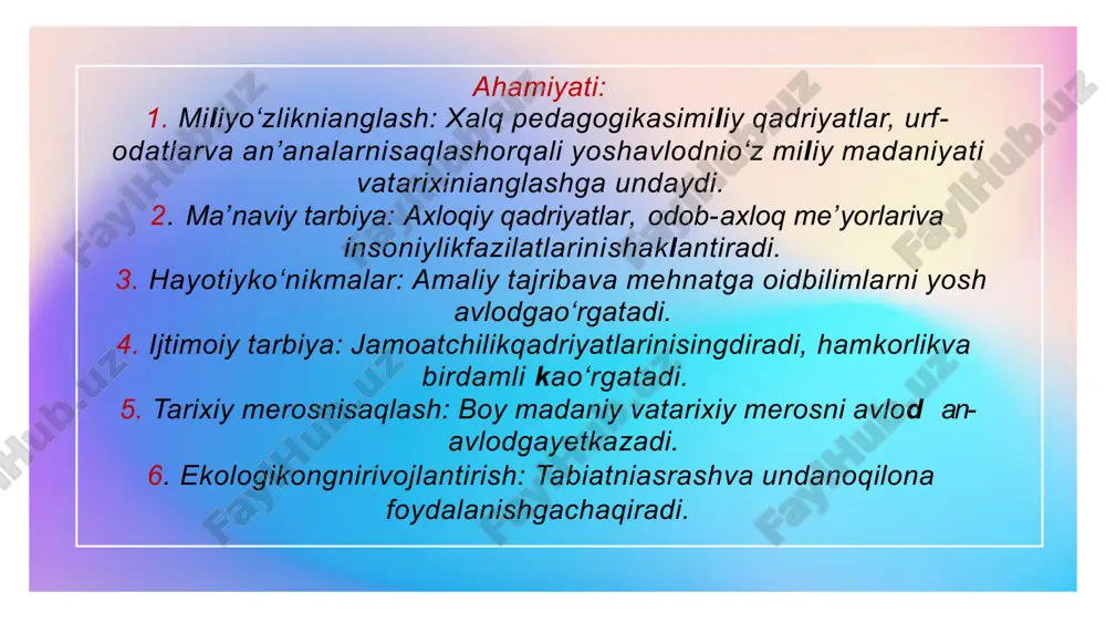 ilavajamiyat qadriyatlarni shaklantirishdamuhimroloy'naydi, chu'nki ularyoshlarning axloqiy, manaviy, ijtimoiy vamadaniy rivojlanishigabevositatas'irko'rsatadi. oilavajamiyatningbujarayondagiroli quyidagichata'riﬂanadi: • 1. oilaningroli: • oila – ilktarbiya manbai: oila, bolalar oshiradiva ularjamiyatdasog'lom im'liso ya oqalarnio'rnatishgatayyor • ka'talargahurmat vamas'uliyatni di al ' , laa alarga ' viy katt atishni a bolala o : o k h mat atis hur o rg an an'alarga rioyaqilishniva masuliyatnitushunishnio'rgatadi. b'u qadriyatlarkeyinchalikjamiyatda uchun ilktarbiya maktabidir. oila muhitida bolalaro'zlarining axloqiy qadriyatlarini, xulq-atvorini, mehr- oqibat va o'zarohurmatnio'rganadilar. ota-o'n'alaro'z farzandlariga tog''riva notogri, yaxshiva yomonniajratishni, ozarohurmatvahamkorlikni mustahkamlashgayordamberadi. shuningdek, o'zarohurmatva muomalamadaniyatinio'rgatadilar. 2. jamiyatningroli: madaniy va axloqiy qadriyatlarni singdirish: jamiyat bolalarga vayoshlaruchun axloqiy mey'orlar, ijtimoiy talablarva madaniy qadriyatlarnio'rgatadi. oq'ish, mehnat, dos'tlik, halolikvaadolatkabi qadriyatlar jamiyatdaijtimoiybarqarorliknita'minlaydi. ijtimoiyo'zaro aloqalarva norma: jamiyat yoshlarning ijtimoiy munosabatlarinishaklantiradi. ulardos'tlik, hamkorlik, o'zaro yordam, vatenglikkabi qadriyatlarni jamiyatdaamalgaoshiradilar. jamiyatning mey'orlari vaan'analari yoshlarning qandayijtimoiy aloqalarda bo'lishinibelgilaydi. tarbiyaviy muhit yaratish: jamiyat yoshlarnioq'itishva tarbiyalashuchun zarurbo'lgan muhitni yaratadi. oq'ish-tarbiyaviy muassasalar, madaniy tadbirlar, ijtimoiy tashkilotlarvaboshqajamiyat tuzilmalari yoshlarni axloqiy vama'naviy qadriyatlarasosida tarbiyalashdamuhimroloy'naydi. 3. oilavajamiyatningo'zaro tas'iri: oilavajamiyato'rtasidagi …