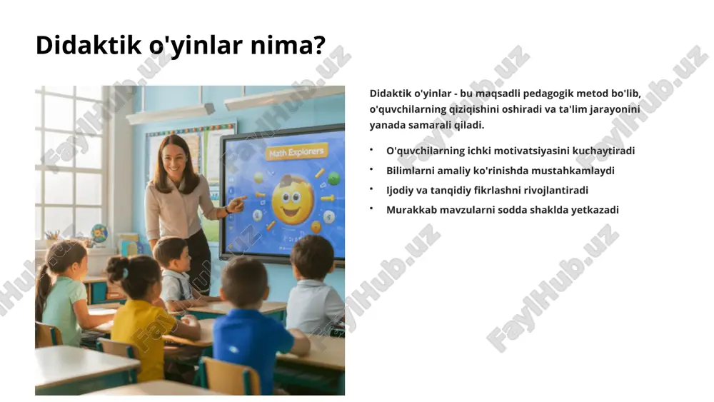 inlarni yaratish uchun professional vositalar va yo'riqnomalar bozorga chiqarish yaratilgan o'yinlarni sotish va tarqatish uchun keng imkoniyatlar daromad olish ta'limiy o'yinlar yaratish orqali qo'shimcha daromad topish imkoniyati didaktik o'yinlar yordamida o'quvchilarning faolligi oshdi 85% faollik darajasi buxoro davlat universiteti tadqiqotlarida o'quvchilarning darsga faol ishtiroki ko'rsatkichi 70% bilim sifati o'yin orqali o'rganilgan mavzulardagi bilim mustahkamligi darajasi 92% qiziqish darajasi o'quvchilarning ta'lim jarayoniga bo'lgan qiziqishi va motivatsiyasi tadqiqot natijalari shuni ko'rsatdiki, o'yin orqali o'rganish ijodiy fikrlash va jamoaviy ish ko'nikmalarini sezilarli darajada rivojlantiradi. e'tiboringiz uchun rahmat image1.png image2.png image3.png image4.png image5.png image6.png image7.png image8.png image9.png image10.png image11.png image12.png image13.png image14.png image15.png