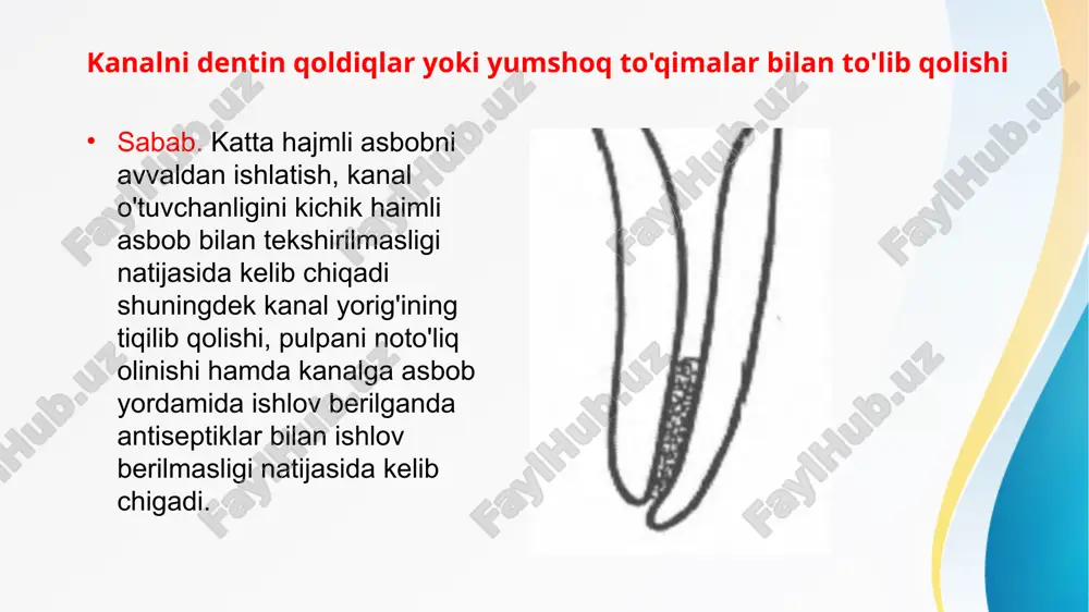 ibatida. tirik pulpa olib tashlanganda kanalning ishchi uzuligi rentgenologik uzunlikdan 1,5 mm qisga, devitalizaciyalangan pulpa olib tashlanganda esa 1,0 mm qisqa bo'ladi. 2) apikal - koronal usullarda a v a l ishchi uzunlik aniqlanadi so'ng kanal kenaytiriladi(rasm 57a), bunda "ishchi uzunlik yo'gotiladi". bu holat kanalga asbob yordamida ishlov berilganda kanal to'g'irlanadi, natijada ishchi uzunlik 0.5-2 mm ga qisqaradi.agar shu holat hisobga olinmasa, u holda kanalning uch sohasiga ortiqcha ishlov beriladi, apikal uchning "yorilish*i yuzaga keladi 3) kanal apikal uch sohasiga noto'g'ri mexanik ishlov berish natijasida; 4) apikal yorigni ortigcha kengaytirish vrach ekssudatga oqma yo'l ochish natijasida kelib chigadi; 5) apikal yoriqning "yorilishi* vrach tomonidan bajarilgan mexanik aralashuv oqibatida emas, periapikal to'qimada kechayotgan patologik jarayon natijasida kelib chiqadi. bolalar va o'smirlarda sut va doimiy tishlarni endodontik davolashda tishlar ildizining rezorbciyasi va ildizlarning shakllanish davrini hisobga olgan holda ishlash lozim. profilaktika. bir gator tadbirlarga rioya qilish lozim: 1).ishchi uzunlikni to'g'ri aniqlash. kengaytirilgandan …