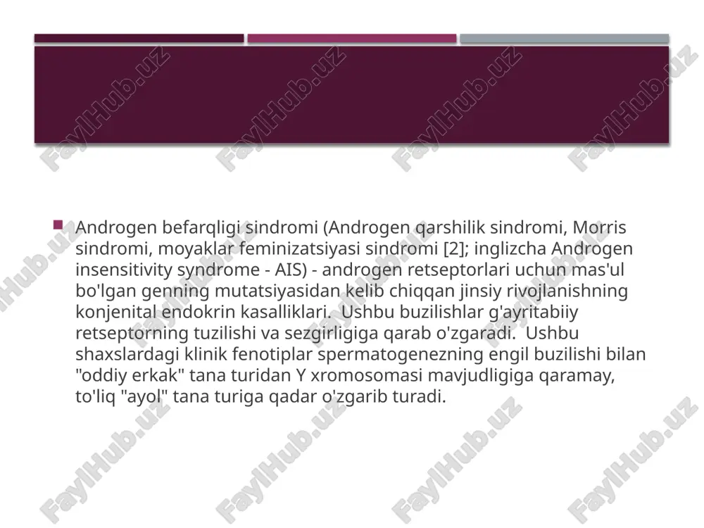 xy karyotipi va androgenga befarqligi bo'lgan fertil erkaklarning bir nechta amaliy tadqiqotlari nashr etilgan garchi bu guruh kichik. bundan tashqari, engil androgen befarqligi bo'lgan ba'zi bepusht erkaklar qo'shimcha testosteron bilan sperma sonini ko'paytirgandan so'ng homilador bo'lishga muvaffaq bo'lishd androgenga befarqligi bo'lgan erkak tomonidan homilador bo'lgan genetik erkak otasining x xromosomasini olmaydi va shuning uchun sindrom genini meros qilib olmaydi yoki olib yurmaydi. shu tarzda homilador bo'lgan genetik ayol otasining x xromosomasini oladi va shuning uchun tashuvchiga aylanadi. xx karyotipi tahrirlash genetik urg'ochi (karyotip 46,xx) ikkita x xromosomaga ega, shuning uchun ular ikkita ar geniga ega. birida (lekin ikkalasida emas) mutatsiya minimal namoyon bo'lishiga olib keladi. bu ayollar fertil va mutatsiyaga ega. ba'zi tashuvchilarning tanadagi sochlari biroz qisqarishi, balog'atga etishishning kechikishi va/yoki baland bo'yli bo'lishi, ehtimol x-xromosomaning inaktivatsiyasi tufayli . tashuvchi ayol 50% hollarda mutatsiyaga uchragan ar genini farzandlariga uzatadi. agar mutatsiyani olgan bola genetik jihatdan ayol bo'lsa, u ham mutatsiyaning …