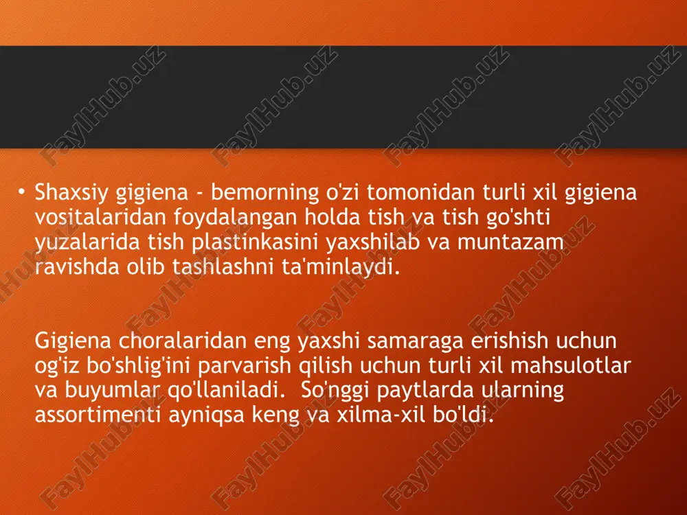 chik tebranish harakatlari bilan chaynash yuzasi darajasiga ko'tariladi. paxomov g.n.ning tishlarini tozalashning standart usuli. tishlar an'anaviy ravishda bir necha segmentlarga bo'linadi. tishlarni tozalash yuqori o'ng chaynash tishlari hududidan boshlanadi va ketma-ket segmentdan segmentga o'tadi. xuddi shu tartibda tishlar pastki jag'da tozalanadi. molar va premolyarlarning vestibulyar va og'iz yuzalarini tozalashda tish cho'tkasining ishchi qismi tishga 45 ° burchak ostida joylashtiriladi va tish go'shti tishlaridan blyashka olib tashlangan holda tozalash harakatlari tish go'shtidan tishgacha amalga oshiriladi. tishlarning chaynash yuzalari gorizontal (o'zaro) harakatlar bilan tozalanadi, shunda cho'tka tolalari yoriqlar va interdental bo'shliqlarga chuqur kirib boradi. yuqori va pastki jag'lar tishlarining oldingi guruhining vestibulyar yuzasi molar va premolyarlar bilan bir xil harakatlar bilan tozalanadi. og'iz yuzasini tozalashda cho'tka tutqichi tishlarning okklyuzion tekisligiga perpendikulyar joylashtiriladi, tolalar esa ularga o'tkir burchak ostida bo'lib, nafaqat tishlarni, balki tish go'shtini ham ushlaydi. barcha segmentlarni dumaloq harakatlar bilan tarashni tugating. etiboringiz uchun rahmat !!!! image2.png image3.png image4.jpeg image5.jpeg image6.jpeg …