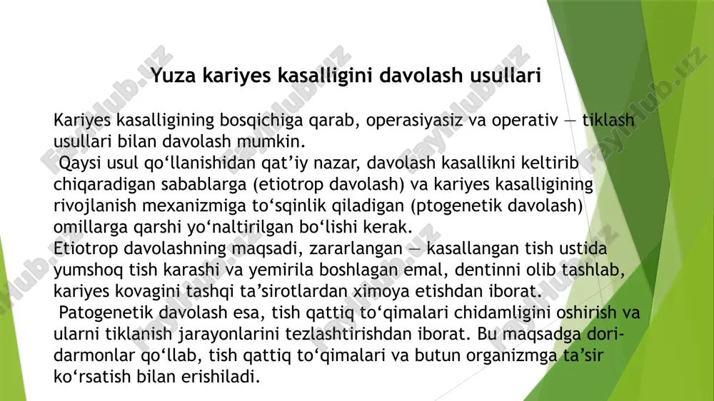 ovagini ochib uni kengaytirishda barcha o‘z vazifasini bajara olmaydigan o‘lik to‘qimalarni olib tashlashdan iborat. shunda, kovakning asl chegaralari ko‘rinadi. 2-bosqichda esa, yumshagan va pigmentlangan emal, dentin to‘qimalarining qismlari olib tashlanganda oldin ekskovatordan, keyin bordan foydalaniladi. bunda o‘ta extiyotkorlik bilan (chunki, ba’zida pulpa ochilib qolishi xavfi bor) ish olib borilishi kerak. 3-bosqichda — shakllantirishda, kovakni katta-kichikligi, joylashgan joyiga qarab ovalsimon, aylana shakldan boshqa to‘g‘ri keladigan bir shakl (uch, to‘rt, besh, olti, ko‘p burchakli, rombsimon va boshq.) berish kerakki, qo‘yiladigan plomba ushlanib turishi va tish o‘z vazifasini bajara olishi ta’minlansin. lekin kovakning tubi hamma vaqt kariyesda pulpa ochilib qolishi extimoli bo‘lganda, bo‘shliq tubi biroz notekis bo‘lsa ham bo‘ladi. iv, v klassdagi kovaklarda, bo‘shliq tubini chuqurlashtirish ham pulpani ochilib qolishiga sabab bo‘ladi. kariyes kasalligini patologik davolash. patogenetik davolash maxalliy va umumiy davolash qismlaridan iborat. maxalliy patogenetik davolashda tish emaliga va kariyes kovagining tubi orqali pulpa to‘qimasiga bevosita yoki bilvosita ta’sir etiladi. nooperativ-operatsiyasiz davolash …