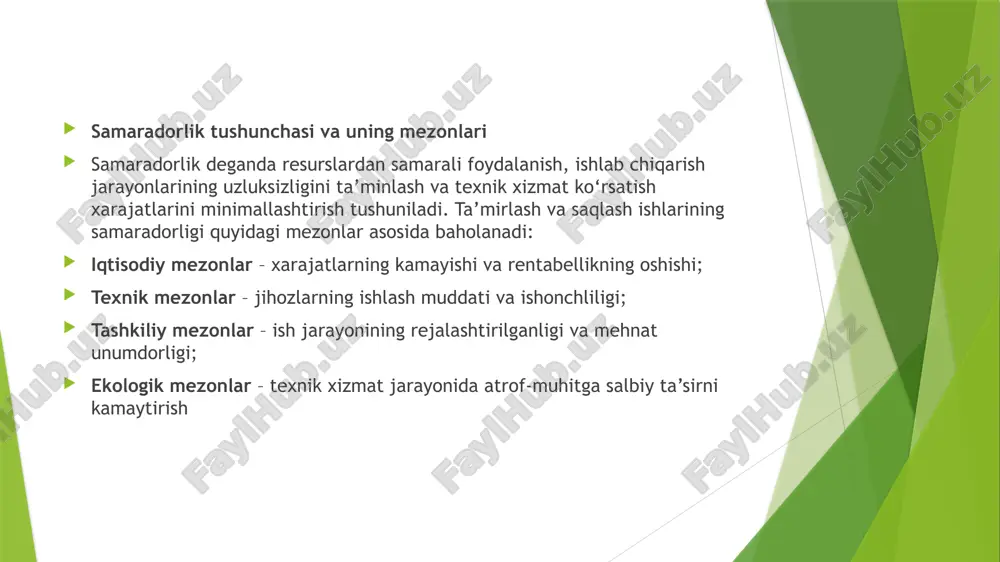 ‘nikmalariga bog‘liq. malakani oshirish uchun: doimiy o‘quv kurslari va amaliy mashg‘ulotlarni tashkil qilish; yangi texnologiyalar bo‘yicha seminar va treninglar o‘tkazish; tajribali mutaxassislar bilan tajriba almashish tizimini yo‘lga qo‘yish lozim. xulosa ta’mirlash va saqlash ishlarining samaradorligini oshirish uchun iqtisodiy, texnik, tashkiliy va ekologik mezonlarni inobatga olish zarur. resurslardan oqilona foydalanish, zamonaviy texnologiyalarni joriy etish va xodimlarning malakasini oshirish orqali ishlab chiqarish samaradorligini oshirish mumkin. shu sababli, ushbu jarayonlarni doimiy ravishda takomillashtirish va nazorat qilish zarur. 2-mavzu avtomobil yo'llarini ekspluatatsiya qilish strategiyasini asoslashning iqtisodiy-matematik modeli reja: avtomobil yo‘llarini ekspluatatsiya qilishning ahamiyati ekspluatatsiya muammolari va ularning iqtisodiy oqibatlari samarali ekspluatatsiya strategiyasiga bo‘lgan ehtiyoj avtomobil yo‘llarini ekspluatatsiya qilishning ahamiyati avtomobil yo‘llari har qanday mamlakat iqtisodiyotining muhim tarkibiy qismi hisoblanadi. transport tizimining samarali ishlashi bevosita yo‘llarning sifati va ularning ekspluatatsiya holatiga bog‘liq. yo‘llarni muntazam ta’mirlash va ekspluatatsiya qilish orqali transport xarajatlarini kamaytirish, yoqilg‘i samaradorligini oshirish va yuk hamda yo‘lovchi tashish tizimini optimallashtirish mumkin. ekspluatatsiya muammolari …