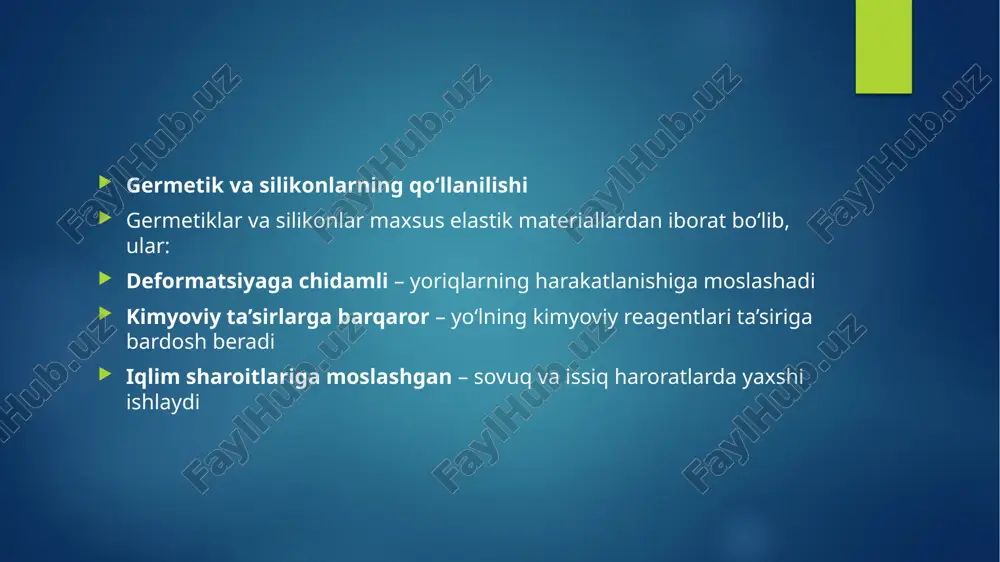 arflanadigan materiallar miqdorini optimallashtirish orqali iqtisodiy samaradorlik oshiriladi. zamonaviy texnologiyalardan foydalanish orqali yo‘l qoplamasining xizmat muddati uzaytiriladi. xulosa yoriqlar va deformasion choklarni germetiklash avtomobil yo‘llarining xizmat muddatini uzaytirish, ta’mirlash xarajatlarini kamaytirish va harakat xavfsizligini ta’minlash uchun muhim hisoblanadi. bitumli mastikalar, germetiklar va silikonlar to‘g‘ri tanlanib, texnologik jarayonlarga rioya qilingan holda qo‘llansa, yo‘l qoplamasining ekspluatatsiya sifatini sezilarli darajada yaxshilash mumkin. mavzu: "sementbeton qoplamalarining uzoq muddatga chidamliligini oshirish uchun shimdiruvchi tarkibdan foydalanish bo'yicha tavsiyalar" "asfaltbeton qoplamasining xizmat muddatini oshirish uchun maxsus shimdiriluvchi tarkib bilan qayta ishlash bo'yicha tavsiyalar" reja: shimdiruvchi tarkiblarning ahamiyati va qo‘llanilishining umumiy ko‘rinishi sementbeton qoplamalarining chidamliligini oshirish uchun shimdiruvchi tarkibdan foydalanish asfaltbeton qoplamalarining chidamliligini oshirish uchun shimdiruvchi tarkibdan foydalanish shimdiruvchi tarkiblarning ahamiyati va qo‘llanilishining umumiy ko‘rinishi yo‘l qoplamalarining chidamliligini oshirish yo‘llardan foydalanish xarajatlarini kamaytirish va ularning xizmat muddatini uzaytirishda muhim ahamiyatga ega. sementbeton va asfaltbeton qoplamalarining asosiy eskirish omillari quyidagilardan iborat: harakat yuklanishlari (og‘ir yuk mashinalari ta’siri) atmosfera ta’sirlari …