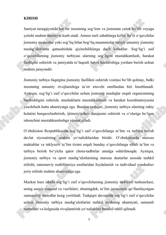 rttirilgan kasalliklar, jismoniy yoki psixologik cheklovlar tufayli umumiy rivojlanishda qiyinchiliklarga duch keladigan bolalar tushuniladi. bunday o‘quvchilarning jismoniy tarbiyasini to‘g‘ri tashkil etish ularning sog‘ligini mustahkamlash, harakat faoliyatini yaxshilash va ijtimoiy moslashuvini ta’minlash uchun juda muhim hisoblanadi. sog‘lig‘i zaif bolalar turli toifalarga bo‘linadi. ular orasida: jismoniy imkoniyatlari cheklangan bolalar (harakat tizimi buzilgan, muskullari zaif rivojlangan); surunkali kasallikka chalingan bolalar (astma, yurak-qon tomir kasalliklari, diabet kabi xastaliklar); ruhiy va nevrologik muammolarga ega bolalar (autizm, epilepsiya, asab tizimi kasalliklari); kamharakat bolalar (uzoq muddat jismoniy faollikdan cheklangan yoki ortiqcha vazn muammosiga ega bo‘lgan o‘quvchilar) mavjud. ushbu bolalar jismoniy rivojlanishining asosiy xususiyatlari quyidagicha: muskul va skelet tizimining zaifligi – suyak va bo‘g‘imlarning yetarlicha mustahkam emasligi, mushak massasining pastligi. yurak-qon tomir tizimining sustligi – qon aylanishining sekinligi, kislorod tanqisligi va tez charchash. nafas olish tizimidagi qiyinchiliklar – astma va o‘pka kasalliklariga moyillik, nafas olishning notekisligi. muvozanat va koordinatsiya muammolari – harakatlarni aniq bajarish qiyinchiligi, muvozanatni saqlashda kamchiliklar. …