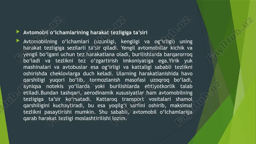 ladi, ayniqsa shahar ichida va tog‘li yo‘llarda. bunday transport vositalarining tormoz yo‘li uzoqroq bo‘lib, yuqori tezlikda boshqaruv qiyinlashadi. shu sababli, yirik avtomobillar uchun magistrallarda ham pastroq tezlik chegaralari belgilangan bo‘lib, bu yo‘l harakati xavfsizligini ta’minlashga xizmat qiladi. harakat xavfsizligini ta’minlash choralari yo‘l infratuzilmasini yaxshilash – yo‘llarni muntazam ta’mirlash, svetoforlar va yo‘l belgilari o‘rnatish, xavfli burilishlarga maxsus belgilash tizimlarini joriy etish. tezlik nazoratini kuchaytirish – radar va kameralar orqali tezlik cheklovlariga rioya qilishni nazorat qilish, xavfli hududlarda tezlik pasaytirilishini ta’minlash. transport vositalarining texnik sozligini tekshirish – avtomobillarning tormoz tizimi, shinalari, yoritish moslamalari va rul boshqaruvi holatini muntazam tekshirish. haydovchilar va piyodalarning mas’uliyatini oshirish – haydovchilar uchun muntazam o‘quv mashg‘ulotlari o‘tkazish, piyodalarning yo‘l harakati qoidalariga rioya qilishini targ‘ib qilish. intellektual transport tizimlaridan foydalanish – tirbandliklarni kamaytirish, xavfsizlikni oshirish va real vaqt rejimida yo‘l harakati boshqaruvini ta’minlash uchun aqlli texnologiyalarni joriy etish. avtomobil tezligiga ta’sir qiluvchi omillar yo‘l holati – silliq va sifatli …