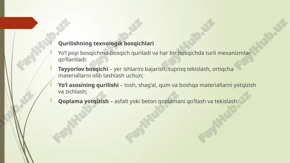 qizish mashinalari – asfaltni tekis yotqizish. beton quyish texnikalari – beton yo‘llarni qurishda ishlatiladi. yo‘l chizish mashinalari – yo‘l chiziqlari va belgilarini chizish. yuk ko‘tarish va tashish texnikalari: samolyot tirkamalari va yuk mashinalari – qurilish materiallarini tashish. front yüklagichlar – qum, shag‘al va boshqa materiallarni yuklash. qurilish bosqichlari bo‘yicha texnikalarning taqsimlanishi yo‘l qurilishi bosqichma-bosqich amalga oshiriladi va har bir bosqichda turli mexanizmlar ishlaydi: tayyorlov bosqichi: hududni tozalash (buldozerlar, ekskavatorlar) tuproq ishlari va tekislash (graderlar, ekskavatorlar) yo‘l asosini yaratish: qum va shag‘al yotqizish (samolyot tirkamalari, yuk mashinalari) asosni zichlash (vibratsion roliklar, pnevmatik zichlagichlar) qoplama yotqizish: asfalt yoki beton yotqizish (asfalt yotqizish mashinalari, beton quyish texnikalari) yo‘l belgilari va chiziqlarini chizish (yo‘l chizish mashinalari) texnik xizmat ko‘rsatish va ta’mirlash mashina-mexanizmlarining uzoq muddatli va samarali ishlashi uchun texnik xizmat ko‘rsatish muhimdir: mashinalarni muntazam texnik ko‘rikdan o‘tkazish. zarur ta’mirlash ishlarini vaqtida bajarish. yoqilg‘i va moylash materiallaridan to‘g‘ri foydalanish. iqtisodiy samaradorlik va zamonaviy texnologiyalar yoqilg‘i …