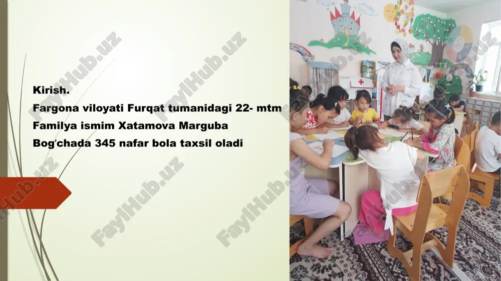 yo‘nalish bo‘yicha barcha parallel guruhlar uchun maxsus dasturlar ishlab chiqildi va muvofiqlashtirildi. amaliyotning yettinchi kuni 11.03.2025 "kaktus" va "oila" proektiv metodikalarini o'tkazdim.bolalarning hissiy holatini va oilaviy muhit ta’sirini aniqlash maqsadida “kaktus” hamda “oila” proektiv metodikalarini o‘tkazdim. ushbu metodikalar orqali bolalarning ichki kechinmalari, xavotirlari va oilaviy muhit ta’siri haqida ma’lumotlar olindi.pedagogik-psixologik suhbat o‘tkazildi.natijalar asosida tarbiyachilar va ota-onalar bilan suhbat o‘tkazilib, bolalarning emotsional farovonligini oshirish bo‘yicha tavsiyalar berildi. amaliyotning sakkizinchi kuni 12.03.2025 bugun bog’chaga borib, "yashash hududimizdagi kasblar" mavzusida trening mashg‘uloti o‘tkazdim.dastlab, bolalarga turli kasblar haqida ma’lumot berildi va ularning qiziqishlari o‘rganildi. trening davomida hududimizda keng tarqalgan kasblar, ularning ahamiyati hamda kasb tanlashdagi muhim jihatlar muhokama qilindi.bolalar guruhlarga bo‘linib, o‘z hududida eng ko‘p uchraydigan kasblar haqida taqdimotlar tayyorladi va ularning kelajagi haqida fikr almashishdi. mashg‘ulot yakunida kasb tanlash bo‘yicha foydali tavsiyalar berildi. amaliyotning to’qqizinchi kuni 13.03.2025 1. “rang tanlash” metodikasibolalarga turli ranglarni tanlash imkoniyati beriladi. ularning tanlagan ranglari emotsional holatni aks ettirishi …