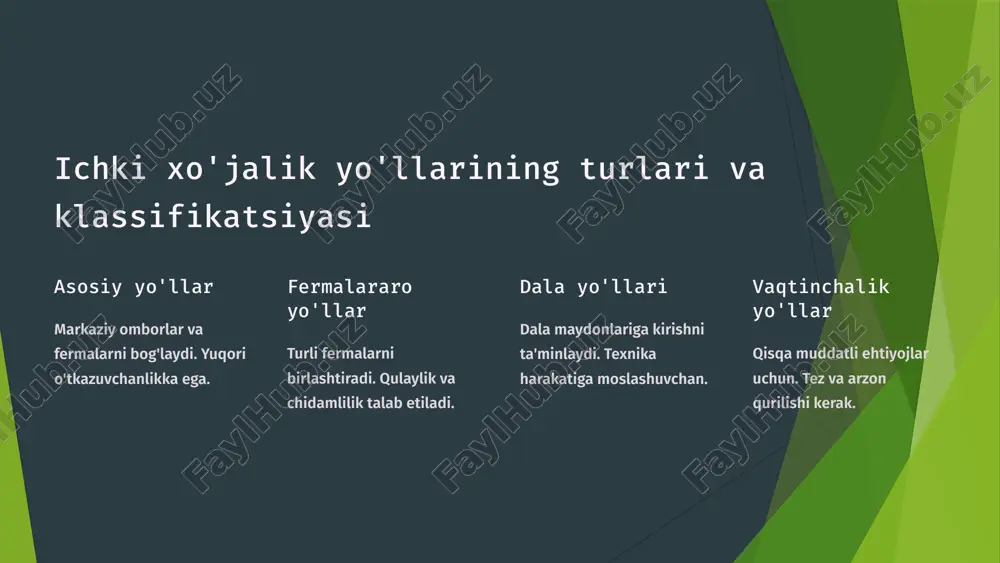 an asosiy talablar 1 mustahkamlik og'ir yuklarni ko'tarish qobiliyati muhim. 2 qulaylik transport vositalari uchun qulay sharoitlar yaratish. 3 xavfsizlik yo'l harakati xavfsizligini ta'minlash zarur. 4 chidamlilik atrof-muhit ta'siriga chidamlilik talab etiladi. 8 ekologik me’yorlar va xavfsizlik choralariga rioya qilish ichki xo‘jalik yo‘llari atrof-muhitga zarar yetkazmasligi va xavfsizlik talablariga javob berishi lozim. 1. ekologik me’yorlarga rioya qilish yomg‘ir suvlari va chiqindilarni boshqarish – yo‘llardan oqib keladigan ifloslangan suvlarni tabiiy ekotizimga zarar yetkazmaydigan yo‘nalishlarga yo‘naltirish. yashil zonalarni saqlash – yo‘l qurilishi paytida daraxt va ekin maydonlariga zarar yetkazmaslik. chang va shovqinni kamaytirish – qum va shag‘al yo‘llarda chang ko‘tarilishini oldini olish uchun maxsus moddalar sepish. tuproq eroziyasining oldini olish – yo‘l yoqasida maysazor va o‘simlik ekish orqali tuproqning yuvilib ketishining oldini olish. yo‘llarni ta’mirlash va rekonstruksiya qilish zarurati yo‘llarni ta’mirlash zarurati ichki xo‘jalik yo‘llari vaqt o‘tishi bilan tabiiy omillar, og‘ir texnika harakati va ekologik sharoitlar tufayli yaroqsiz holga kelishi mumkin. quyidagi …