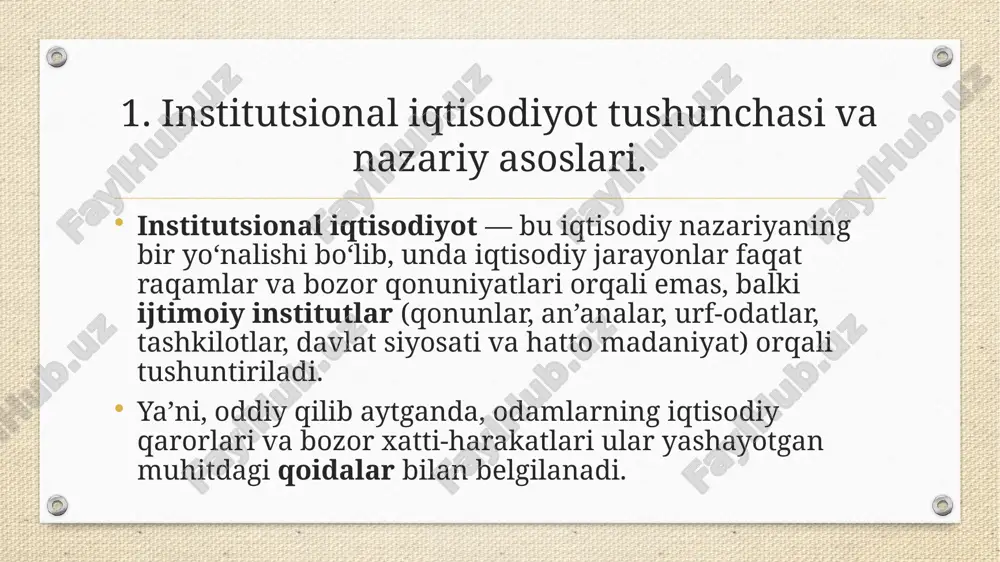 g asosiy yo‘nalishlarini tashkil etadi. birinchidan, raqamli iqtisodiyotning kengayishi yangi institutlarning shakllanishini talab qilmoqda. elektron hukumat, onlayn bank tizimlari, blokcheyn texnologiyalari, kriptovalyutalar va sun’iy intellekt asosida yaratilayotgan yangi iqtisodiy vositalar an’anaviy institutlar faoliyatini qayta ko‘rib chiqishni zarur etmoqda. shu bois kelajakda iqtisodiyot “raqamli institutlar” asosida faoliyat yuritadi, bu esa huquqiy me’yorlarning takomillashtirilishi bilan bevosita bog‘liqdir. ikkinchidan, globallashuv jarayonlari xalqaro institutlarning rolini yanada oshirmoqda. xalqaro savdo tashkiloti, jahon banki, xalqaro valyuta jamg‘armasi kabi tuzilmalar global iqtisodiyotning asosiy boshqaruv mexanizmlariga aylanmoqda. kelgusida iqlim o‘zgarishi, ekologik xavfsizlik, energiya resurslari taqchilligi va migratsiya kabi muammolarni hal qilishda ham xalqaro institutlarning ahamiyati ortib boradi. uchinchidan, samarali institutlarni shakllantirish iqtisodiy barqarorlikni ta’minlashning eng muhim omilidir. mulk huquqining himoya qilinishi, qonun ustuvorligining kuchayishi, adolatli raqobat muhitining yaratilishi va korrupsiyaga qarshi kurash institutsional rivojlanishning muhim shartlaridan hisoblanadi. ayniqsa, rivojlanayotgan mamlakatlar uchun bunday islohotlar iqtisodiy o‘sish va xalq farovonligini oshirishda hal qiluvchi rol o‘ynaydi. o‘zbekiston misolida ham institutsional iqtisodiyotning …