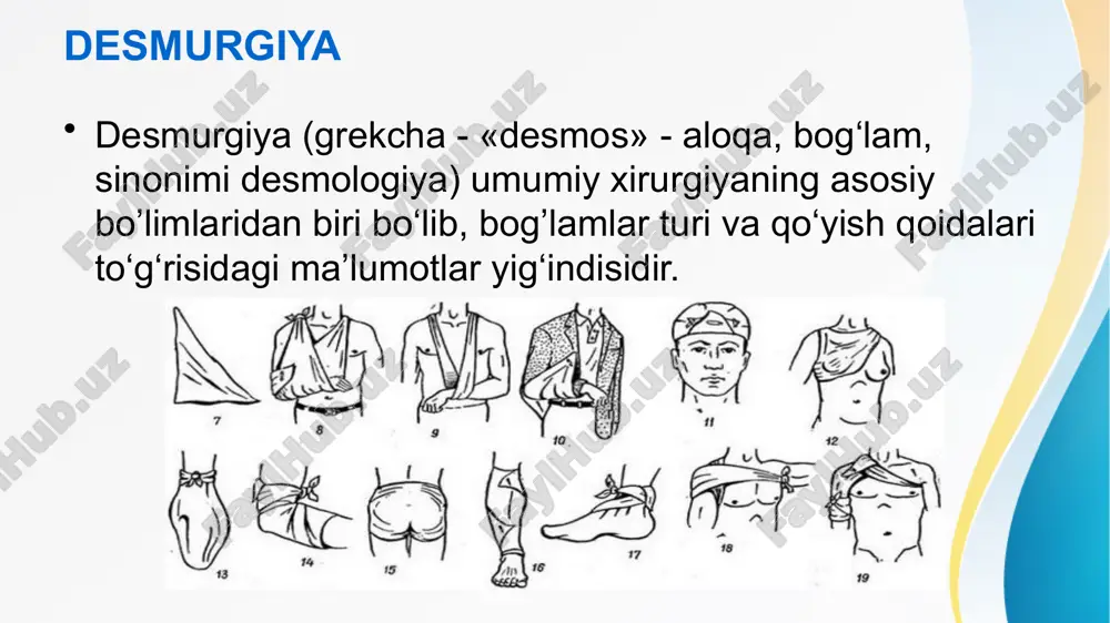 g‘lam shikastlangan joyni kamida bir kun ushlab turishi kerak. bog‘lam bemorga azob bermaydigan darajada qattiq bog‘lanishi lozim. bog‘lam tekis, burmasiz va tugunsiz, chiroyli bo‘lishi kerak. bog‘lam teng darajada bog‘lanib, oson yechilmasligi va sirpanmasligi zarur. tugun jarohat ustida bo‘lmasligi va bemorning harakatiga xalaqit bermasligi kerak bintli bog’lamning asosiy xillari aylanma (sirkulyar) bog‘lama — aylanma sathlarini bog‘lash uchun qulay. unda bintning bir turi ikkinchisi bilan berkitilib turadi. qo‘yiladigan joylari — peshona, qo‘l-oyoq, son, boldir va boshqalar . aylanma bog‘lam tez bo‘shashib ketishi mumkin, bu uning kamchiligidir. spiral bog‘lam — katta nuqson yuzaga kelgan jarohatlarni berkitish uchun qo‘llaniladi. ikki-uch bint turi sirkulyar o‘rash bilan qotirilgach, keyin ikkinchi bint bog‘lami birinchisining 1/2 yoki 2/3 bint kengligini yoplab ketaveradi.bu bog‘lam tana, oyoq-qo‘l, ko‘krak qafasini bog‘lashda ishlatiladi. bog‘lam bo‘shashib ketmasligi uchun, ayniqsa konik shakldagi joyga bog‘lam qo‘yilganda, ikkinchi qayta tur boshlanishida bog‘lam bukiladi. “8” raqamiga o‘xshash bog‘lam - bintning yurishi “8” raqamini eslatadi. masalan, ensa sohasini …