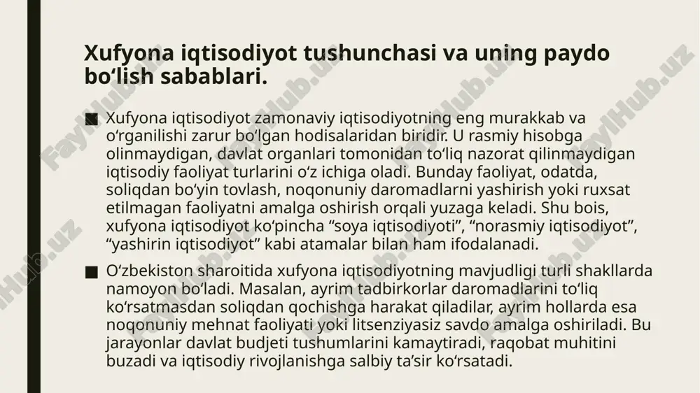 ik tafovutlar – rasmiy bandlik va haqiqiy mehnat bozoridagi faoliyat o‘rtasidagi farq, ishlab chiqarish va iste’mol ma’lumotlari o‘rtasidagi nomutanosibliklardan foydalaniladi. energiya iste’moli usuli – mamlakatda iste’mol qilinayotgan elektr energiyasi va rasmiy ishlab chiqarish ko‘rsatkichlari solishtiriladi. chunki ko‘plab yashirin ishlab chiqarish jarayonlari elektr energiyasidan foydalanadi. 3. o‘zbekiston sharoitida qo‘llanilayotgan metodlar o‘zbekistonda xufyona iqtisodiyotning o‘lchamini baholashda asosan bilvosita usullardan keng foydalanilmoqda. jumladan: davlat statistika qo‘mitasi rasmiy statistik ma’lumotlarni xalqaro metodologiya asosida tahlil qiladi. soliq qo‘mitasi esa soliqqa tortish bazasi va tushumlar tafovutini hisobga olib, xufyona iqtisodiyot hajmini aniqlaydi. energiya iste’moli va iqtisodiy faoliyat hajmi o‘rtasidagi nisbat ham qo‘llaniladigan usullardan biridir. mutaxassislarning fikricha, o‘zbekistonda xufyona iqtisodiyotning ulushi umumiy yalpi ichki mahsulotning 30–35 foizigacha bo‘lishi mumkin. bu ko‘rsatkich mamlakat iqtisodiy salohiyatidan samarali foydalanilmayotganini ko‘rsatadi. shu sababli xufyona iqtisodiyot hajmini aniqlash va baholash dolzarb masala hisoblanadi. 3. xufyona iqtisodiyotni qisqartirish va nazorat qilish yo‘llari. xufyona iqtisodiyotning yuqori ulushi mamlakat iqtisodiy rivojlanishiga, davlat byudjeti barqarorligiga va …