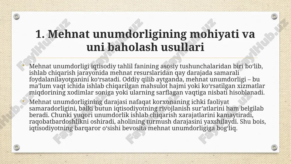 ka ijobiy ta’sir qiladi. davlat siyosati – soliq imtiyozlari, subsidiyalar, mehnat qonunchiligi va davlat dasturlari mehnat unumdorligiga ta’sir etuvchi muhim omillardir. infratuzilma – transport, aloqa, energetika tizimlarining rivojlanganligi ishlab chiqarish samaradorligini oshiradi. iqtisodiy muhit – barqaror makroiqtisodiy sharoitlar (inflyatsiya pastligi, valyuta barqarorligi) mehnat unumdorligining oshishiga yordam beradi. 3. innovatsiya va raqamlashtirishning roli bugungi kunda mehnat unumdorligiga eng katta ta’sir ko‘rsatayotgan omillardan biri – innovatsiyalar va raqamlashtirishdir. raqamli texnologiyalar yordamida ishlab chiqarish jarayonlarini avtomatlashtirish qo‘l mehnatini kamaytiradi va unumdorlikni oshiradi. elektron boshqaruv tizimlari, dasturiy ta’minot va sun’iy intellekt ishlab chiqarish samaradorligini oshirishda katta rol o‘ynamoqda. innovatsion mahsulotlar yaratish esa korxonaning raqobatbardoshligini kuchaytiradi. 3. mehnat unumdorligini oshirish yo‘llari va istiqbollari mehnat unumdorligini oshirish korxonalar, butun iqtisodiyot va mamlakat taraqqiyotining eng muhim omillaridan biridir. chunki unumdor mehnat natijasida kam resurs sarflab ko‘proq mahsulot ishlab chiqariladi, ishlab chiqarish xarajatlari kamayadi va foyda ko‘payadi. shu bois mehnat unumdorligini oshirish bo‘yicha bir qancha chora-tadbirlar mavjud. 1. …
