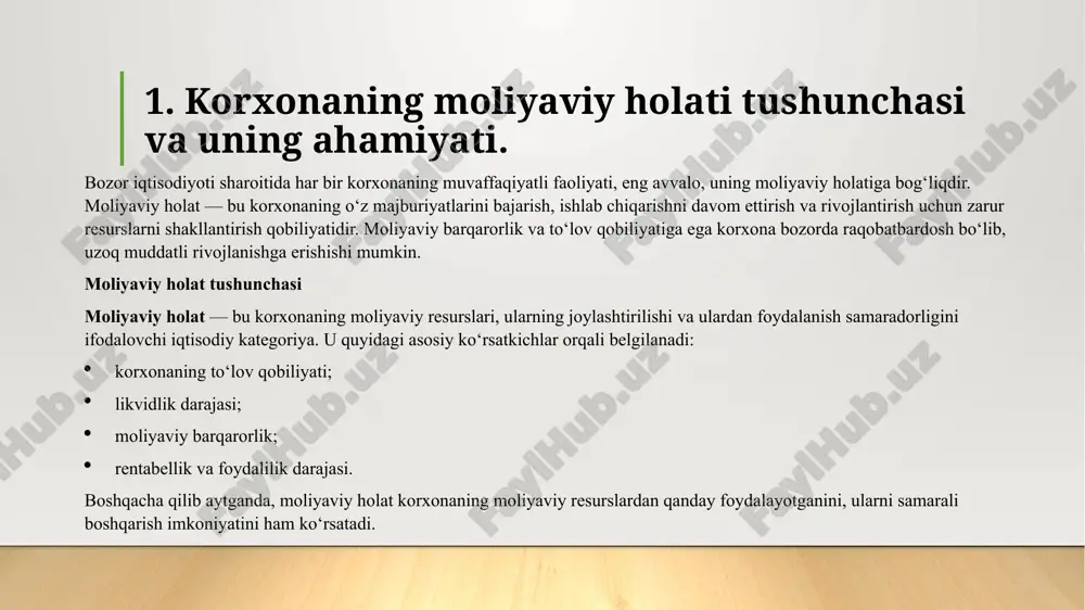 jarish imkoniyatini ko‘rsatadi. masalan: joriy likvidlik koeffitsienti, tezkor likvidlik koeffitsienti. moliyaviy barqarorlik ko‘rsatkichlari – korxonaning uzoq muddatli moliyaviy mustahkamligini baholaydi. masalan: qarz va o‘z mablag‘lari nisbati. rentabellik ko‘rsatkichlari – korxonaning foyda olish qobiliyatini ko‘rsatadi. masalan: aktivlar rentabelligi, sotuv rentabelligi, sof foyda rentabelligi. aylanma ko‘rsatkichlari – resurslardan foydalanish samaradorligini baholaydi. masalan: aktivlar aylanishi, debitorlik qarzlari aylanishi. balans va moliyaviy hisobotlar asosida tahlil korxonaning moliyaviy holatini tahlil qilishda asosiy manba — bu moliyaviy hisobotlar hisoblanadi: buxgalteriya balansi – korxonaning aktivlari va passivlari haqida axborot beradi. moliyaviy natijalar to‘g‘risida hisobot – daromadlar va xarajatlar bo‘yicha ma’lumot beradi. pul oqimlari hisobotlari – mablag‘larning kirim va chiqim yo‘nalishlarini ko‘rsatadi. ushbu hisobotlarni tahlil qilish orqali korxonaning to‘lov qobiliyati, foydaliligi va moliyaviy barqarorligi to‘g‘risida to‘liq tasavvur hosil qilish mumkin. 3. moliyaviy holatni yaxshilash yo‘llari. korxonaning moliyaviy holatini tahlil qilish nafaqat mavjud vaziyatni baholash, balki kelajakda barqarorlikni ta’minlash uchun ham muhimdir. har qanday korxona moliyaviy resurslardan oqilona foydalanmasa, …