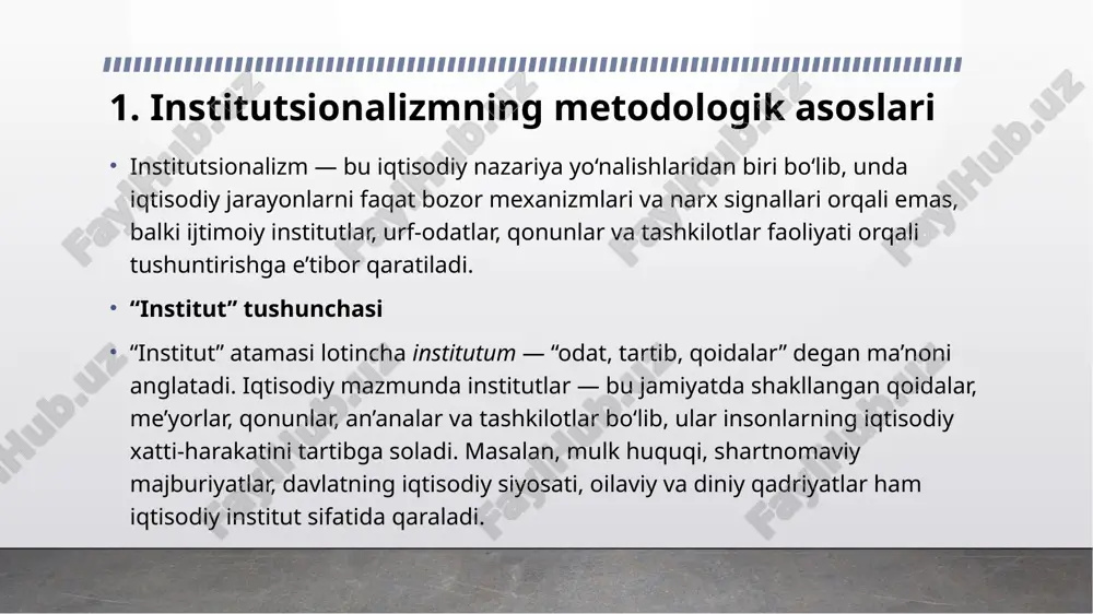 ushuntirdi. d. nort tarixiy yondashuv orqali iqtisodiy rivojlanishda institutlarning barqarorligi va samaradorligini tahlil qildi. o. uilyamson esa tashkilotlar nazariyasi va boshqaruv strukturalarini institutsional asosda o‘rgandi. neoinstitutsionalizm metodologik jihatdan klassik institutsionalizmga qaraganda ancha matematik va analitik usullardan foydalandi. 3. zamonaviy institutsional iqtisodiyot (xxi asr) bugungi kunda institutsionalizm global iqtisodiyotning asosiy muammolarini tushuntirishda keng qo‘llanmoqda. zamonaviy bosqichda asosiy e’tibor: siyosiy institutlar va ularning iqtisodiy o‘sishga ta’siri, korrupsiya va huquqiy tizimning iqtisodiy rivojlanishga ta’siri, davlat va bozor o‘rtasidagi muvozanat, raqamli iqtisodiyot sharoitida yangi institutlarning shakllanishiga qaratilgan. zamonaviy institutsionalizmda an’anaviy iqtisodiy modellar bilan bir qatorda sotsiologiya, siyosatshunoslik va huquq fanlarining usullari ham faol qo‘llanadi. 3. institutsionalizmning amaliy ahamiyati va bugungi rivojlanish tendensiyalari institutsionalizm iqtisodiy rivojlanishni tushuntirishda institutlar — qoidalar, qonunlar, odatlar va tashkilotlar — markaziy o‘rin tutadi. amaliy jihatdan institutlar iqtisodiy faoliyat sharoitini belgilaydi: ular investitsiya hajmi, innovatsiyalar, bozor samaradorligi va ijtimoiy barqarorlikka bevosita ta’sir ko‘rsatadi. shu bobda institutsional o‘zgarishlar mamlakatning uzoq muddatli o‘sish …