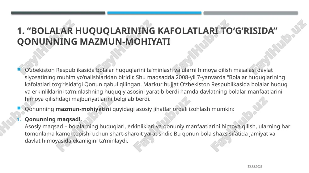 uqlarini ta’minlashda asosiy poydevordir. maktab va maktabgacha ta’lim muassasalari esa bolaning shaxs sifatida shakllanishida muhim ahamiyat kasb etadi. davlat va jamiyat hamkorligi. davlat va jamiyat o‘zaro hamkorlik qilgandagina bolalarning huquqlari to‘laqonli ta’minlanadi. misol uchun, o‘zbekiston respublikasida bolalar huquqlarini himoya qiluvchi maxsus komissiyalar, bolalar ombudsmani instituti, ijtimoiy xizmat markazlari faoliyat yuritmoqda. ular jamiyat bilan hamkorlikda ishlaydi va bolalarning huquqlari buzilganda tezkor choralar ko‘rish imkonini beradi. xulosa qilib aytganda, bolalarning huquqlarini ta’minlash – bu davlatning majburiyati, jamiyatning esa burchidir. faqat davlat va jamiyatning hamkorlikdagi sa’y-harakatlari natijasidagina bolalarning farovonligi, baxtli hayoti va kelajagi kafolatlanadi. 3. qonunning ahamiyati va amaliy natijalari bolalar huquqlarini kafolatlash nafaqat qonunlarda belgilab qo‘yilgan normalar, balki ularni hayotda amalda ta’minlash bilan ham chambarchas bog‘liqdir. shu sababli o‘zbekiston respublikasida bolalar huquqlarini himoya qilishning samarali amaliy mexanizmlari ishlab chiqilgan va izchil tatbiq etilmoqda. huquqiy mexanizmlar. birinchi navbatda, huquqiy asoslar muhim rol o‘ynaydi. “bola huquqlarining kafolatlari to‘g‘risida”gi qonun, “ta’lim to‘g‘risida”gi qonun, “oila kodeksi” …