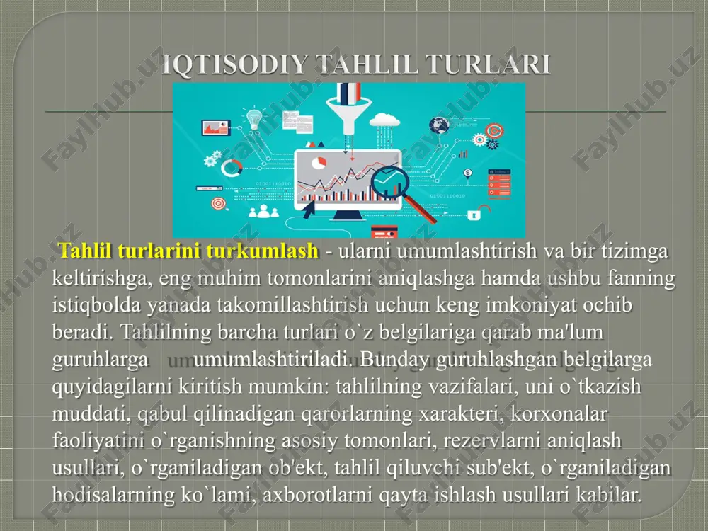 o`jalik faoliyati tahlil qilinib, tarmoqdagi ilg`or tajriba o`rganiladi. taqqoslama (korxonalararo) tahlil. mahsulot tannarxini kamaytirish borasida keraksiz va ortiqcha xarajatlarni minimal darajaga keltirish mahsulot ishlab chiqarishni loyihalashtirish va uni ishlab chiqarish chog`ida har tomonlama hisobga olish kerak. bu masalani ijobiy hal qilishda funktsional –qiymat tahlili asqotadi. funktsional - qiymat tahlili. 1.biznes - reja ma'lumotlari. buxgalteriya hisobi va hisoboti. statistik hisob va hisobot. operativ (tezkor) hisob va hisobot. hisobdan tashqari ma'lumotlar. ushbu sanab o`tilgan ma'lumotlar ichida eng asosiysi buxgalteriya hisobi va hisobot hisoblanadi, chunki taxminan 70 foiz ma'lumotlarni iqtisodiy tahlil buxgalteriya hisobidan oladi. tahlil qilish jarayonida yillik hisobotga yozilgan izohnoma ham har tomonlama ko`rib chiqiladi. tahlil qilish jarayonida hisobdan tashqari ma'lumotlardan ham foydalanish katta samara beradi. bularga: tekshirish va taftish aktlari, moliya va soliq idoralari, bankning bajargan tahlil natijalari, laboratoriya va tabobat nazorati materiallari, korxona mehnat jamoasining umumiy majlis materiallari kiradi. 3. iqtisodiy tahlilning amaliy ahamiyati iqtisodiy tahlil hozirgi davrda har bir …