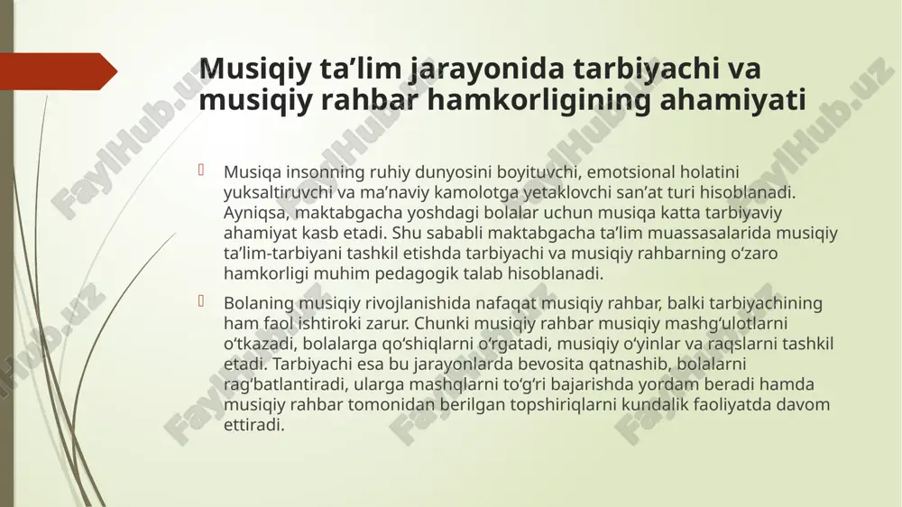 tashkil etishga, musiqiy tarbiyani bolalarga singdirishga va ularda ijodiy qobiliyatlarni rivojlantirishga xizmat qiladi. hamkorlik shakllari mashg‘ulotlarda birgalikda ishtirok etish. musiqiy mashg‘ulotlar musiqiy rahbar tomonidan o‘tkaziladi, lekin unda tarbiyachi ham faol qatnashadi. u bolalarni tartibga chaqiradi, topshiriqlarni tushuntirishga yordam beradi, qo‘shiq va o‘yinlarni bajarishda bolalarga amaliy ko‘maklashadi. kundalik faoliyatda musiqadan foydalanish. musiqiy rahbar o‘rgatgan qo‘shiqlar va o‘yinlar tarbiyachi tomonidan kundalik faoliyatda – ertalabki badantarbiya, sayr, dam olish daqiqalari, kichik guruh mashg‘ulotlarida qo‘llaniladi. bu bolalarda musiqiy bilim va ko‘nikmalarning mustahkamlanishiga olib keladi. 3. bayramlar va tadbirlarni tashkil etish. maktabgacha taʼlim muassasasida bayram va madaniy tadbirlar muhim tarbiyaviy ahamiyatga ega. bunday tadbirlarda musiqiy rahbar qo‘shiqlar, raqslar, sahna ko‘rinishlarini tayyorlasa, tarbiyachi bolalarning chiqishlari, kiyim-kechaklari va intizomini nazorat qiladi. natijada tadbir mazmunli va chiroyli o‘tadi. 4. metodik hamkorlik. tarbiyachi va musiqiy rahbar muntazam ravishda pedagogik kengash, metodik yig‘ilishlarda ishtirok etadi. bu jarayonda ular musiqiy mashg‘ulotlarning rejasi, qo‘llaniladigan metodlar, bolalarning qiziqishi va rivojlanish darajasini muhokama qilib …
