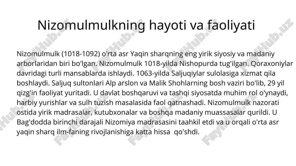 insofni oyoqosti qiladiga kishilarni davlat ishlariga aralashtirmaslikni, davlatni bishqarishda kengashga tayanish, faoliyatlarni muntazam nazorat qilish, itoat, ijro va sifatlar to'g'risidagi qarashlari bilan ahamiyatli. ayniqsa, nizomulmuk jamiyat barqarorligi uchun adolatli siyosiy oshqaruv zaruriyatini, buning uchun podshohlarning maslahat va kengashlar asosida siyosat olib borishi masalasiga muhim ahamiyat berdi: " barcha ishlarni maslahat bikan amalga oshirish kishining mustahkam irodasidan, oqiligi va dunyoqarashidan dalolat beradi. xar bir kishi ma'lum bir narsa haqida ko'proq yoki kamroq biladi. bir kishining nazariy bilimi bo'ladiyu, ammo tajribasi uni qo'llamagan, boshqa kishining esa tajribasi ilmi va bilimiga o'tgan bo'ladi... shundan kelib chiqib, " har bir ishning tadbirini donolaru qariyalar va dunyo ko'rgan kishilar bikan hal qilish kerak", debb aytganlar siyosatnomaning eng qadimiy nusxasi britaniya muzeyida (add 23516) hamda berlinda saqlanadi. bu nusxalar 1168-1169 yili urmiya shahrida amir- hojib alp jamoliddin farmoniga binoan ko'chirilgan boshqa nusxadan foydalanib, asarni fransuz tiliga o'girib, 1893 -yilda nashr etgan. 1914-yili kalkutta shahrida asarning toshbosma …