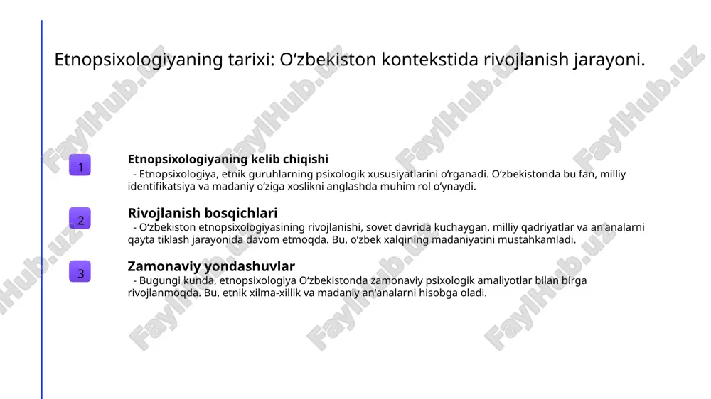 aniyati, etnik birlikni mustahkamlashga qaratilgan zamonaviy jarayonlarda, turli etnik guruhlar o‘rtasida o‘zaro tushunishni oshirishga yordam beradi. madaniy tadbirlar va festivalar bu maqsadga xizmat qiladi. 3 raqamli identifikatsiya - raqamli texnologiyalarning rivojlanishi, oʻzbek madaniyatining onlayn platformalarda tanitilishiga, yangi identifikatsiya shakllarini yaratishga imkon beradi. bu jarayon, global miqyosda oʻzbek madaniyatining ahamiyatini oshiradi. oʻzbekistonda psixologik amaliyotlarning etnik kontekstdagi roli. etnik kontekstning ahamiyati oʻzbekistonda psixologik amaliyotlar etnik kontekstda muhim ahamiyatga ega, chunki ular etnik identifikatsiya va madaniy qadriyatlarni aks ettiradi. psixologik amaliyotlar oʻzbekistonda psixologik amaliyotlar, an'analar va zamonaviy yondashuvlarni birlashtirib, xalqning madaniy xususiyatlariga mos ravishda rivojlanmoqda. etnik xilma-xillik oʻzbekistonda etnik xilma-xillik psixologik amaliyotlar orqali ifodalanadi, bu esa turli etnik guruhlarning o'ziga xos ehtiyojlarini qondirish imkonini beradi. etnik tadqiqotlar: oʻzbek psixologiyasining o'ziga xosligi. 1 etnik tadqiqotlar asoslari oʻzbek psixologiyasining o'ziga xosligi, etnik tadqiqotlar orqali aniqlanadi. bu tadqiqotlar madaniyat va an'analarni o'rganish uchun muhimdir. 2 oʻzbek psixologiyasi xususiyatlari oʻzbek psixologiyasi etnik identitetni tushunishga yordam beradi. u, …