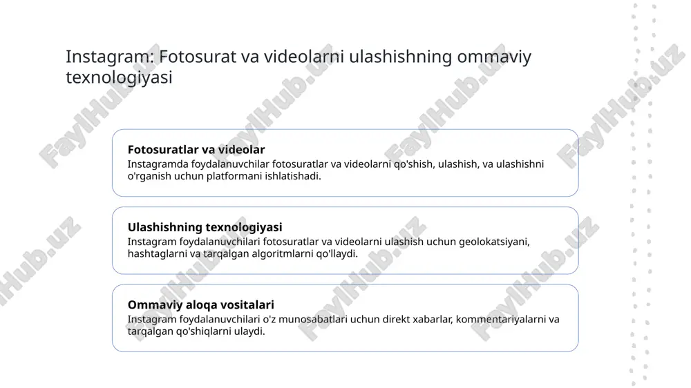 r soni o'zbekistonda instagram foydalanuvchilari soni kundan-kunga o'sishi, bu global tarmoqning o'zaro munosabatlarni rivojlantirishdagi muhim roli hisoblanadi. 2 madaniy oqim o'zbek foydalanuvchilari instagram orqali madaniy oqimni rivojlantirishda aktiv hissa olib, milliy ertaklarni ko'rsatish, tarixiy joylarni tanitishadi. 3 biznesning rivojlanishi o'zbekiston kompaniyalari instagram tarmoqini marketing va brandingda samarali vositalardan biri sifatida qabul qilmoqda, bu biznes uchun yangi imkoniyatlar ochadi. instagram tarmoqining o'zbekistondagi rivojlanishi 01 o'zbekiston instagram foydalanuvchilari o'zbekistondagi instagram foydalanuvchilari soni tez o'sayapti va tarmoqning rivojlanishi kuchaymoqda. 02 kompaniyalar va brendlar o'zbekiston bo'ylab ko'plab kompaniyalar va brendlar instagramda aktiv reklama faoliyatlarini olib borayapti. 03 o'zbekistonning madaniy yodgorliklari o'zbekistonning madaniy yodgorliklarini o'z ichiga olgan instagram rivojlanishi, milliy ta'sirni ko'rsatadi. 04 yerli bizneslar va startuplar o'zbekistonning yerli bizneslari va startuplari instagram orqali o'zlarini reklamalash, mijozlar bilan bog'lanishda muvaffaqiyatli amalga oshirishadi. o'zbekiston bo'ylab instagramning marketing imkoniyatlari marketing qo'llab-quvvatlash instagram o'zbekistondagi kompaniyalarga markaziy marketing vositalarini taqdim etadi, reklama imkoniyatlarini oshiradi va foydalanuvchilar bilan to'lov tizimlarini …