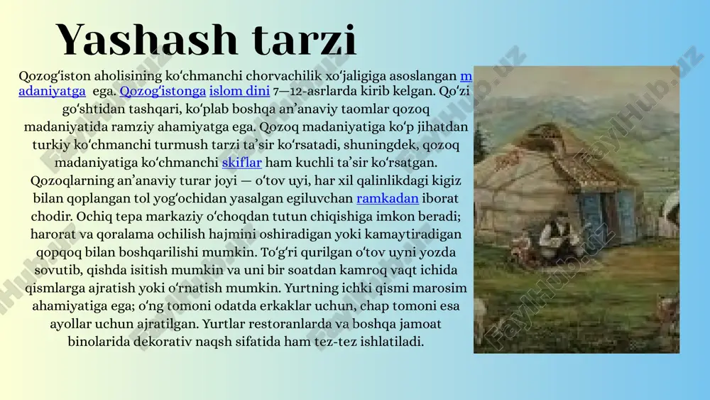 ) — kelinning ota-onasi tomonidan oʻtkaziladigan birinchi toʻy. betashar (qoz. betashar; „bet“ — yuz, „ashu“ — ochmoq) — kelinning yuzidan parda koʻtarish odati (koʻpincha toʻyda qilingan). bugun mullani kuyovning qarindoshlarini tilga olgan qoʻshiq kuylash uchun taklif qilishadi. uning ijrosi davomida kelin har ismni eshitganida taʼzim qilishi kerak. qoʻshiqdan keyin kuyovning onasi pardani koʻtaradi. shildhana (qozoq : chillaxana) — bolaning tugʻilgan kunini nishonlash.[5] suinshi (qozoq : seyunchi) — xushxabar keltirgan kishiga sovgʻa berish odati. an’analar har yili qozoq hunarmandlari „sheber“ tanlovida qatnashadilar. tanlov 2006-yilda qozoq hunarmandlari mahsulotlarining ichki va xalqaro miqyosda raqobatbardoshligini oshirish maqsadida boshlangan „qozogʻistonda hunarmandchilikni rivojlantirish va xalq amaliy sanʼatini qayta tiklash“ dasturi doirasida oʻtkazilmoqda. ushbu dastur qozogʻiston hunarmandlar uyushmasi, „chevron“ kompaniyasi, markaziy osiyo yevrosiyo jamgʻarmasi, qozogʻiston madaniyat va axborot vazirligi hamda yuneskoning olmaotadagi klaster byurosi tomonidan amalga oshirilmoqda. hunarmandchilik besbarmak, qaynatilgan ot yoki qoʻzichoq goʻshtidan iborat taom, eng mashhur qozoq taomidir. besbarmak odatda qaynatilgan makaron va shorpa deb …
