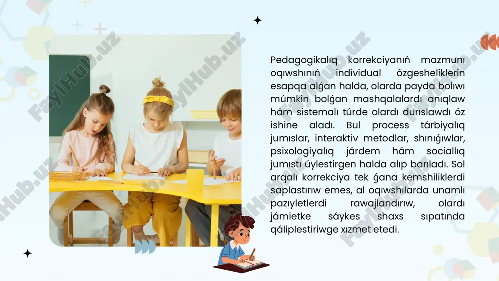 i hám sociallıq kónlikpelerin rawajlandırıwda úlken áhmietke ie. máselen, "doslıq," "kelispewshiliklerdi sheshiw," "sawda-satıq" sıyaqlı temalarda rolli saxnalar shólkemlestiriw arqalı oqıwshılar óz is-háreketlerin qadaǵalawdı, jámááttegi ornın ańlawdı hám óz-ara sóylesiw mádeniyatın úyrenedi. bul usıl jeke kemshiliklerdi saplastırıwǵa, unamlı ádetlerdi qáliplestiriwge járdem beredi. treningler, dialog hám debatlar bolsa oqıwshılardıń erkin pikirlewdi rawajlandırıw, óz pikirin tiykarlap bere alıw hám basqalardıń pikirine húrmet penen qaraw kónlikpelerin qáliplestiredi. trening sabaqlarında oqıwshılar kommunikativ wazıypalardı orınlaw arqalı óz-ara birge islesiwde islewdi úyrenedi. dialog hám debatlar procesinde bolsa olar sociallıq mashqalalardı talqılaw, dáliller keltiriw hám qarama-qarsı pikirlerdi salıstırıw imkaniyatına iye boladı. pedagogikalıq korrekciyada toparlıq jumıslar oqıwshılardıń birgelikte islesiwine, jámáát penen islewine hám bir-birinen úyreniwine imkaniyat jaratadı. toparda islew procesinde olar óz pikirin erkin bayan etedi, basqalardıń pikirin tıńlawdı úyrenedi hám jámáátte juwapkershilikti sezedi. ámeliy tapsırmalar bolsa bilimlerdi ámelde qollanıwǵa baǵdarlanıp, oqıwshılardıń dóretiwshilik pikirlewin, erkin qarar qabıl etiwin hám juwapkershiligin rawajlandıradı. objective 1 interaktiv metodlar oqiwshilarda kommunikativ qábiletlerdi rawajlandırıwda …