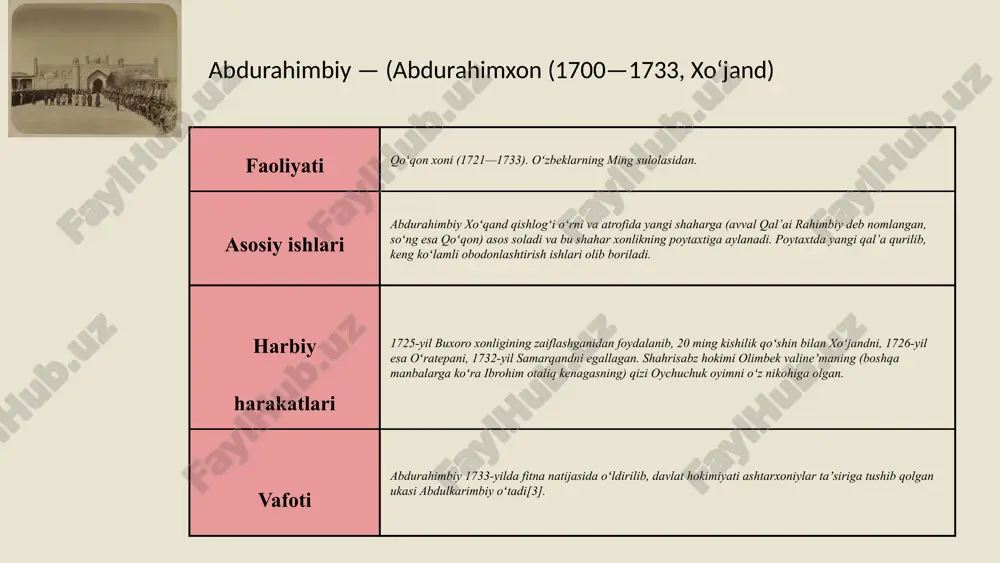 , oqmachit, qoʻshqoʻrgʻon nomli harbiy istehkomlar qurdirgan. vafoti 1822 yilda umarxon kasallanib vafot etgan amir umarxon, amiriy (1787-yil — qoʻqon — 1822-yil) faoliyati umarxon va nodiraning oʻgʻli. otasi umarxon vafotidan keyin 13 yoshida taxtga oʻtirgan. hukmronlik davrida xonlik hududini kengaytirishga uringan. ﻿asosiy ishlari 70 ming uyg‘ur musulmonlarini andijon viloyatiga ko‘chirib keltirdi. natijada din peshvorlari muhammadalixonga “g‘oziy” (“din homiysi”, “din yo‘lida kurashuvchi”) unvonini berdilar. harbiy harakatlari u 1826-1831 yillar davomida qashg‘arga yurishlar qilgan vafoti 1842 yil aprelda qo‘qonni bosib oldi. qo‘qondan oilasi bilan namangan tomonga qochgan muhammadalixon tutib keltirilib, oilasining bir qismi bilan qatl ettirildi. muhammad alixon (madalixon) (taxminan 1803/06—1842, qoʻqon) faoliyati qoʻqon xoni (1842-45), oʻzbeklarning ming sulolasiga mansub ﻿asosiy ishlari sheralixon keksa odam bo‘lib oqko‘ngil va muloyim inson edi. uning davrida barcha davlat lavozimlarini qipchoqlar egallab, davlat boshqaruvini o‘z qo‘llariga oldilar harbiy harakatlari - vafoti 1845 yilda buxoroda bo‘lgan olimxonning o‘g‘li murodxon (qo‘qonda 11 kun xon bo‘lgan) amir nasrulloning yordami …