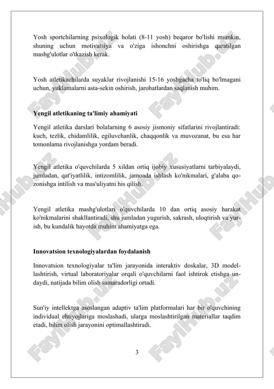 (5-7 daqiqa) darsning asosiy nuqtalarini takrorlash, o'quvchilarning tushunish darajasini baholash va uyga vazifa berish kabi muhim elementlarni qamrab oladi. darsning kirish qismi (5-10 daqiqa) o'quvchilarni darsga tayyorlash, mavzuni e'lon qilish va oldingi bilimlarni faollashtirish kabi vazifalarni o'z ichiga oladi. asosiy qism (25-30 daqiqa) yangi materialni taqdim etish, tushuntirish, misollar keltirish va o'quvchilarning faol ishtirokini ta'minlashga qaratilgan amaliy mashqlarni o'z ichiga oladi. yengil atletika bo'yicha mashg'ulotlarni tashkil etish shakllari mashg'ulotlar mikrotsikllar (3-10 kun), mezotsikllar (2-6 hafta) va makrotsikllar (bir necha oylar) asosida rejalashtiriladi, har bir siklning vazifalari turlicha bo'ladi. yengil atletika mashg'ulotlari individual yoki guruhli shaklda o'tkazilishi mumkin, bunda 7-10 yoshdagilar uchun guruhda 15 nafargacha sportchi qatnashishi mumkin. treninglar umumiy jismoniy tayyorgarlik (ojt) va maxsus jismoniy tayyorgarlik (mjt)ga bo'linadi, ojtda 5-7 ta mashq, mjtda esa yengil atletikaga xos 3-4 mashq bajariladi. o'qitish metodologiyasi fanining maqsad va vazifalari o'qitish metodologiyasi 4 asosiy kompetensiyani (axborot, kommunikatsiya, muammolarni hal qilish va o'z-o'zini rivojlantirish) rivojlantirish …