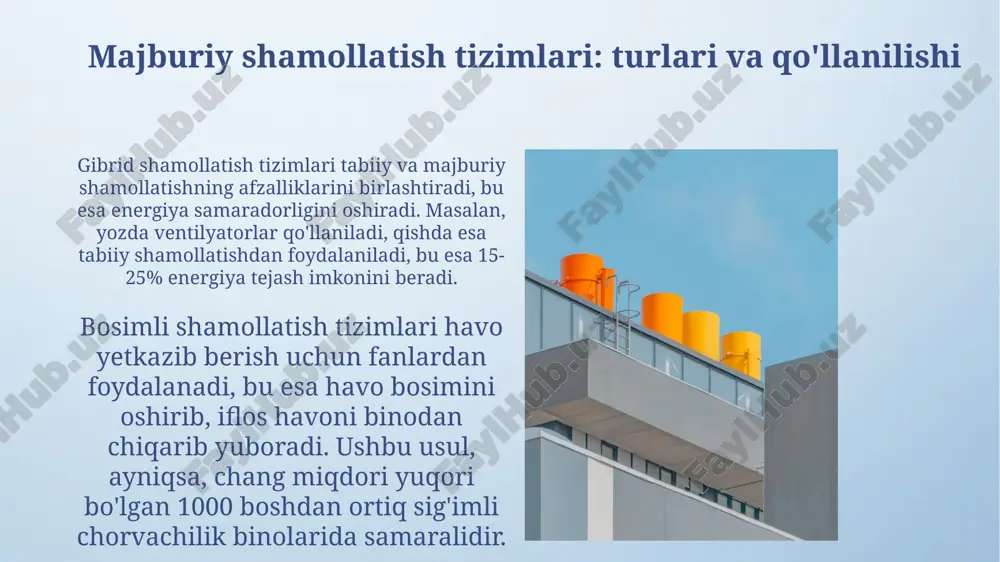 un muammo yaratadi. chorvachilik binolarida shamollatishning asosiy maqsadlari chorvachilik binolarida shamollatishning asosiy maqsadi – 15-25°c optimal haroratni ta'minlash orqali hayvonlarning issiqlik stressini kamaytirish va mahsuldorligini oshirishdan iborat. shamollatishning vazifasi – havo almashinuvini ta'minlash orqali chang, mikroorganizmlar va ortiqcha namlikni yo'qotish, shu bilan birga hayvonlar sog'lig'ini yaxshilash va kasallik tarqalish xavfini kamaytirishdan iborat. chorvachilik binolarida kanalizatsiya tizimlarining ahamiyati kanalizatsiya tizimlari oqava suvlarni tozalash orqali suv resurslarini tejaydi, 20% gacha suvni qayta ishlatish imkonini beradi va ekologik barqarorlikni ta'minlaydi. yaxshi kanalizatsiya tizimi ammiak (nh3) va vodorod sulfid (h2s) kabi zararli gazlar darajasini 30% gacha kamaytirib, hayvonlar salomatligini yaxshilaydi. shamollatishning turlari: tabiiy va majburiy majburiy shamollatish, fanlardan foydalanish orqali havo oqimini nazorat qilib, optimal ichki muhitni ta'minlaydi, lekin bu yuqori energiya sarfini talab qiladi. gibrid tizimlar tabiiy va majburiy shamollatishni birlashtirib, energiya samaradorligini oshiradi va turli ob-havo sharoitlarida moslashuvchanlikni ta'minlaydi. xulosa: chorvachilik binolarida samarali shamollatish va kanalizatsiya tizimlarini joriy etish chorvachilik binolarida optimal …