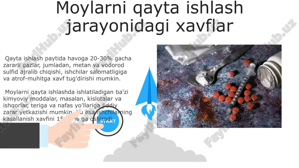 ri emas. moylarning radiatsion fonini muntazam monitoring qilish natijalariga koʻra, oʻtgan 5 yil ichida oʻrtacha 1,2% oʻzgarish kuzatilgan, bu ahamiyatsiz hisoblanadi. 06 05 04 poliomik moddalar va ularning salbiy oqibatlari 01 02 moylar tarkibidagi ba’zi poliomik moddalar, masalan, ftalatlar, 0.1% dan yuqori konsentratsiyada reproduktiv tizimga salbiy ta’sir ko’rsatishi mumkin, bu esa tug’ma nuqsonlar xavfini oshiradi. yuqori konsentratsiyali ba’zi poliomik moddalar, masalan, mineral moylar, hujayra metabolizmini buzishi va 5-10 yil davomida surunkali kasalliklar xavfini oshirishi mumkin. moylardagi qo'shimchalar va konservantlar moylarning rangi va tuzilishiga ta'sir qiluvchi 5 dan ortiq turdagi rang beruvchi va qalinlashtiruvchi qo'shimchalar ham tarkibida uchraydi, ularning ba'zilari teri tirnash xususiyatiga ega bo'lishi mumkin. ba'zi moy tarkibida 0,1% gacha bo'lgan sintetik konservantlar, masalan, parabenlar yoki formaldegid ozod qiluvchi moddalar qo'shilishi mumkin. ular mikrobial o'sishni oldini olish uchun qo'llaniladi. e'tiboringiz uchun rahmat @taqdimot_robot image5.jpg image6.jpg image7.jpg image8.jpg image9.jpg image10.jpg image11.jpg image12.jpg image13.jpg image14.jpg image15.jpg image16.jpg image1.jpeg image2.jpeg image3.jpeg image4.jpeg
