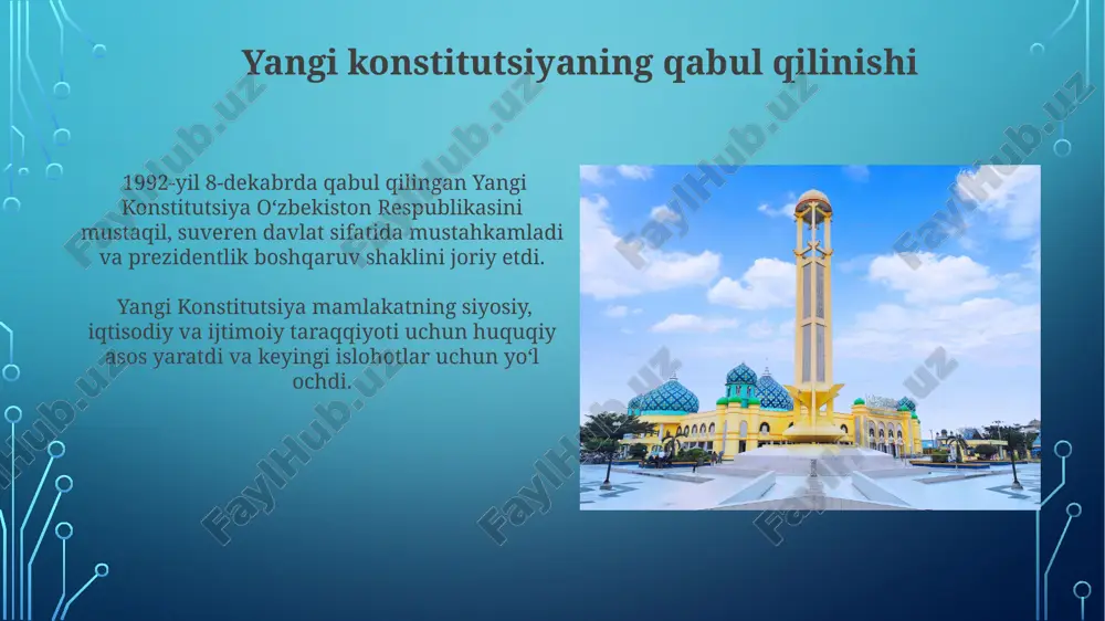 staqillik tarafdori boʻlgan siyosiy kuchlarning birlashuvi va "milliy ozodlik harakati" ning muhim rol oʻynaganligi aniq kuzatiladi. taʼlim tizimining islohotlari ta'lim tizimining islohoti doirasida 2000-yillardan boshlab umumta'lim maktablari uchun yangi o'quv dasturlari va darsliklar joriy etildi, bu o'quv jarayonini modernizatsiya qilishga qaratilgan edi. davlat ta'lim standartlari va milliy baholash tizimining joriy etilishi o'quvchilarning bilim darajasini obyektiv baholashga va ta'lim sifatini yaxshilashga yordam berdi. huquqiy islohotlar va sud tizimi o‘zbekiston respublikasining konstitutsiyasi qabul qilingan 1992 yildan buyon huquqiy islohotlarning asosiy yo‘nalishlaridan biri sud tizimini mustaqil va adolatli qilib shakllantirish bo‘ldi. jinoyat ishlari bo‘yicha sud jarayonlarining shaffofligi va ochiqligi ta'minlash maqsadida elektron sud majlislari tizimi joriy etildi, bu esa sud ishlariga jamoatchilik nazoratini kuchaytirdi. demokratik jarayonlarning rivojlanishi o'zbekistonning birinchi konstitutsiyasida inson huquqlari va erkinliklari kafolatlangan bo'lsada, ularning amaliy tatbiq etilishida salmoqli muammolar mavjud edi. 2000-yillar boshlarida o'tkazilgan parlament saylovlarida siyosiy raqobat kuzatilgan bo'lsa-da, saylov jarayonlarining ochiqlik va shaffofligi masalasi tanqidlarga sabab bo'ldi. birinchi …