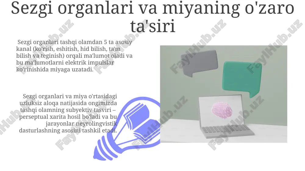 shiradi. nlp ning asosiy tushunchalari (neyro, lingvistik, dasturlash) dasturlash – kundalik harakatlarni 3-chi kanaldan boshqarish, aniq algoritmlar va fikrlash namunalarini, shuningdek, xatti-harakatlarni o’z ichiga oladi. lingvistik – bu odamlarning bir-biri bilan muloqot qilishda foydalanadigan til, so‘zlar va iboralarni o’z ichiga oladi; bu nlp ning muhim tarkibiy qismidir. nlp ning samarali muloqot va o'z-o'zini rivojlantirishdagi roli nlp samarali muloqotni 1970-yillardan beri o'rganib, insonlarning fikrlash uslublari va tilini tahlil qilish orqali muloqot samaradorligini 20% ga oshirishga yordam beradi. o'z-o'zini rivojlantirishda nlp, 3ta asosiy element - neyro (hissiyotlar), tilshunoslik (til) va dasturlash (harakatlar)ni birlashtirib, shaxsiy o'sishga va maqsadlarga erishishga yordam beradigan vositalarni taqdim etadi. miya nutq zonasining zararlanishi va uning oqibatlari 01 02 miya nutq zonasining shikastlanishi, masalan, afaziya kabi 20 dan ortiq turli xil nutq buzilishlariga olib kelishi mumkin, bu esa bemorning muloqot qilish qobiliyatiga jiddiy ta'sir qiladi. sales 1st qtr 2nd qtr 100 0 sales 1st qtr 2nd qtr 100 0 …
