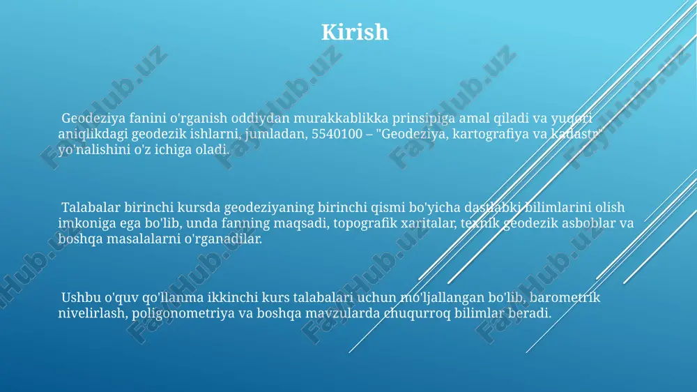 oshirish mumkin. misolda 4 va 5-yoʻllarni yolg'iz nivelir yo'li kabi tenglashtiriladi; ekvivalent yo'l (1,2+3) ning bir kilometr uzunligiga tuzatma hisoblanadi. keyinchalik 1 va 2-yo'llarni tenglashtirishda yo'llarning bog'lanmaslik xatosi hisoblanadi va teskari ishora bilan hamma stansiyalarga tarqatiladi. davlat nivelir to'ri sxemasi davlat nivelir toʻri i, ii, iii va iv klasslarga boʻlinadi. i va ii klasslar ilmiy maqsadlar uchun, iii va iv klasslar esa topografik plan olish va boshqa muhandislik ishlari uchun qoʻllaniladi. iii klass nivelirlash poligonining perimetri 150 km dan, iv klass nivelirlash yoʻlining uzunligi esa 50 km dan oshmasligi kerak. har 5 kmda belgi bilan yerga koʻmiladi. davlat nivelir toʻri punktlari boltiq dengizi sathidan katta aniqlikda oʻlchanadi. ushbu toʻr topografik planlarni tuzish va xalq xoʻjaligining turli sohalarida foydalaniladi. ekvivalent almashtirish usuli yordamida tenglashtirishningmatematik asoslari tenglashtirish jarayonida yo'llarning bog'lanmaslik xatosi hisoblanadi va teskari ishora bilan hamma stansiyalarga taqsimlanadi. oxirgi hisob natijalari o'rtacha kvadratik xatolik bilan baholanadi. ushbu usulda yo'llar uzunligi va …