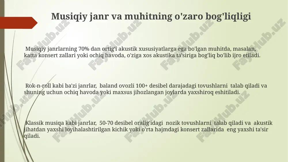 yetkazishga yordam beradi. sahna yoritish tizimining 500 dan ortiq yorugʻlik manbalarini oʻz ichiga olishi, ijrochilarning kayfiyatini va sahna koʻrinishini oʻzgartirib, musiqaning emotsional taʼsirini kuchaytiradi. zamonaviy audio texnologiyalar, masalan, 24-bit/96 khz audio interfeyslar, yozib olish va jonli ijrolar sifatini tubdan yaxshilaydi, har bir ohangning murakkabligi va nozik tafsilotlarini aniqroq etkazishga imkon beradi. atrofdagi muhitning musiqiy ijrolarga ta'siri yoritish darajasi, harorat va namlik kabi atrof-muhit omillari musiqachilarning konsentratsiyasi va jismoniy holatiga ta'sir qilib, 3-5 ballga ijroning umumiy bahosiga ta'sir qilishi mumkin. tomoshabinlar soni va ularning faolligi ijrochi his-tuyg'ulariga ta'sir qilib, ijroning tempi va ifodasi kabi 5-7 ta asosiy parametrlarga o'zgarish kiritadi. atrofdagi muhitning akustik xususiyatlari, masalan, tovuslarning aks etishi va rezonansi, musiqiy ijroning aniqligi va tovush sifati parametrlariga 10-15% gacha ta'sir ko'rsatishi mumkin. yorug'lik va sahna dizayni sahna dizaynining minimalist yondashuvi (minimalizm) – faqat 5 ta asosiy elementdan foydalanish – musiqaning jozibadorligini kuchaytirishi va e’tiborni ijrochi va musiqaga qaratishi mumkin. yorugʻlikning 3000k …