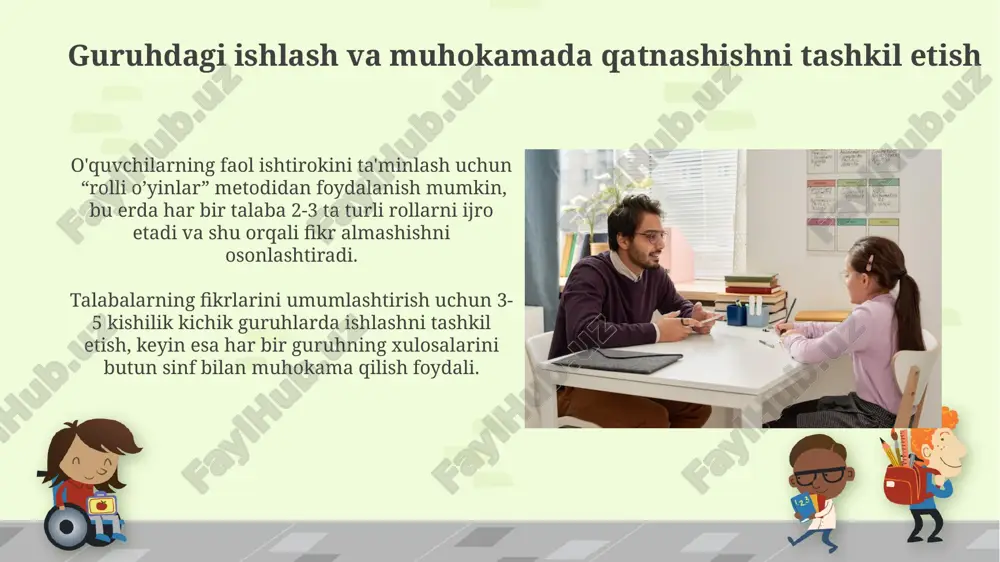 yomon) iborat shkala bo'yicha baholashni o'rgatish, so'ngra o'zlarining kuchli va kuchsiz tomonlarini aniqlashga yordam beradi. o'qituvchining nutq madaniyati va uning ahamiyati nutq madaniyati o'qituvchining obro'sini 30% ga oshirib, o'quvchilarning unga bo'lgan ishonchini mustahkamlaydi va dars samaradorligini yaxshilaydi. o'qituvchining aniq va tushunarli nutqi, kamida 90% so'z boyligi va grammatik to'g'riligi bilan ifodalangan holda, passiv o'quvchilarning faol ishtirokini 2 barobar oshirishi mumkin. samimiy va ochiq muloqot usullari talabalar bilan individual suhbatlar o'tkazishda, emotsional intellektni qo'llab, kamida 2 ta o'ziga xos muloqot uslubini (masalan, faol tinglash, empatiya) qo'llash o'quvchilarning ishtirokini oshiradi. o'quvchilarning 5-7 kishidan iborat kichik guruhlarga bo'linib, muhokama qilishga asoslangan faoliyatlar, o'zaro fikr almashish va ijobiy kommunikativ ko'nikmalarni rivojlantirishga yordam beradi. passiv talabalar bilan ishlashning o'ziga xos xususiyatlari o'quv jarayoniga interfaol o'yinlar, rollarni ijro etish va guruhdagi hamkorlikni talab qiluvchi topshiriqlarni kiritish orqali passivlikni kamaytirish mumkin, bu 20% ga samaradorlikni oshiradi. passiv talabalarning ishtiroki darajasini kuzatish va ularning progressini individual baholash uchun …