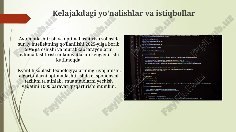 ting, katta hajmdagi ma'lumotlarni tahlil qilib, 20% gacha samaradorlikni oshirishga imkon beradi. optimallashtirishning a/b testing usuli 2 ta yoki undan ortiq variantni taqqoslash orqali konversiya stavkasini 10-15% ga oshirishga yordam beradi va natijalar statistik jihatdan tahlil qilinadi. monitoring va baholash baholash natijalari bo'yicha 7 kun ichida tuzatishlar kiritish va jarayonlarni qayta ko'rib chiqish orqali samaradorlikni 10% ga oshirish mumkin. avtomatlashtirilgan monitoring tizimi ma'lumotlarni real vaqt rejimida tahlil qilib, 5 daqiqada hisobot yaratishi va potentsial muammolarni aniqlashi mumkin. avtomatlashtirish texnologiyalari zamonaviy avtomatlashtirish tizimlari ai va ml algoritmlarini qo'llab, 90% gacha aniqlik bilan ma'lumotlarni tahlil qilib, prognozlarni yaratish va optimallashtirish qarorlarini qabul qilishga yordam beradi. avtomatlashtirish texnologiyalari ishlab chiqarish samaradorligini 30% ga oshirishi va xatoliklar sonini 15% ga kamaytirishi mumkin, bu esa sifatni yaxshilash va xarajatlarni tejashga olib keladi. e'tiboringiz uchun rahmat @taqdimot_robot image1.jpg image2.jpg image3.jpg image4.jpg image5.jpg image6.jpg image7.jpg image8.jpg image9.jpg image10.jpg image11.jpg image12.jpg