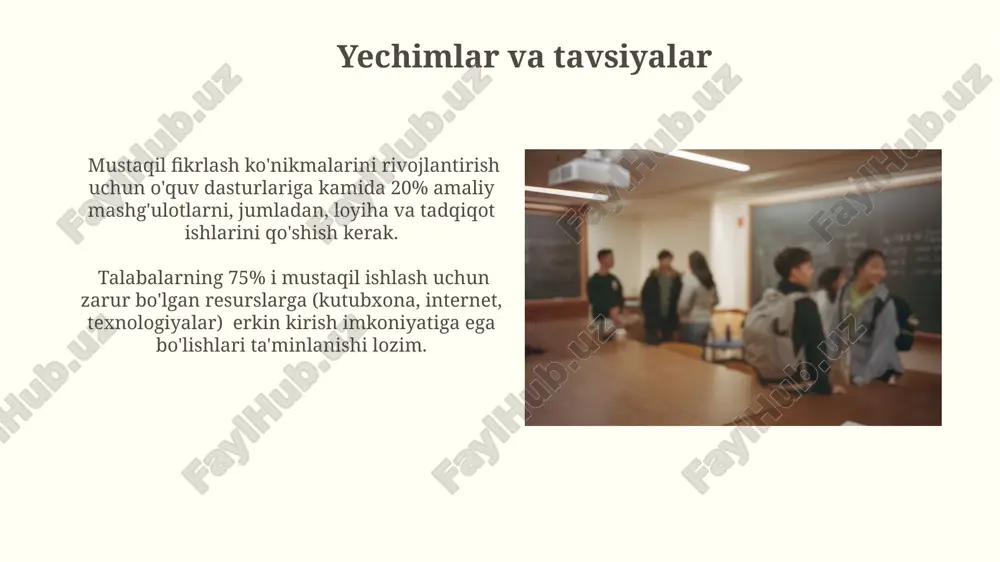 maradorligini 15% ga yaxshilashi mumkin. ta'lim jarayonida mustaqillikning ahamiyati mustaqil ishlash orqali o’quvchilar o’zlarining kuchli va kuchsiz tomonlarini aniqlab, o'z-o'zini baholash ko'nikmalarini 15-25% ga yaxshilaydi, bu esa o'quv jarayonining sifatini oshiradi. o'quvchilarda mustaqillikni shakllantirish, ularning 50% dan ortig'ini kelgusida muvaffaqiyatli shaxslarga aylanishiga yordam beradi, chunki ular muammolarni mustaqil hal qilishga qodir bo'ladilar. muammolar va qiyinchiliklar o'qituvchilarning an'anaviy pedagogik uslublarga tayanishi va talabalarga mustaqil ishlash uchun yetarli darajada qo'llab-quvvatlash ko'rsatmasligi, o'quv jarayonining samaradorligini 25% ga pasaytiradi. talabalarning o'z-o'zini boshqarish va vaqtni samarali boshqarish ko'nikmalarining yetishmasligi, o'quv natijalarining 15-20% ga pasayishiga, shuningdek, stress va ruhiy zo'riqish darajasining oshishiga olib keladi. oila va maktabning hamkorligi oila va maktabning samarali hamkorligi o'quvchilarning 80% da o'z-o'zini boshqarish ko'nikmalarini rivojlantirishga yordam beradi, bu esa mustaqil o'rganishga olib keladi. maktab va ota-onalar o'rtasidagi muntazam 3 oylik uchrashuvlar, o'quvchilarning akademik ko'rsatkichlarini 15% va mustaqilligini 10% ga yaxshilaydi. mustaqillikning ta'rifi va turlari mustaqillik shaxsning o'z fikrlarini erkin ifoda etish, …
