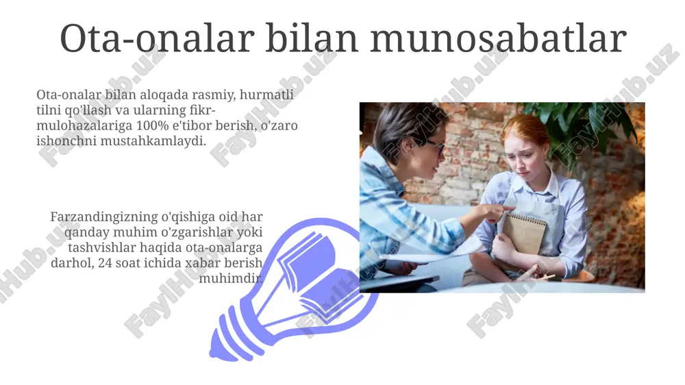 huv, o'quvchilarning o'ziga ishonchini oshiradi va ular bilan munosabatni yaxshilaydi. o'quvchilar bilan muloqotda kamida 3 xil muloqot uslubini (masalan, rasmiy, norasmiy, o'rtoqona) qo'llash, vaziyatga mos ravishda, samarali ta'lim jarayonini ta'minlaydi. o'qituvchining kiyim-kechak madaniyati o'qituvchining kiyim-kechagi toza va dazmollangan bo'lishi, shuningdek, kiyimning holati 90% darajada yaxshi bo'lishi kerak, bu o'quvchilarga o'qituvchining o'ziga va kasbiga bo'lgan hurmatini namoyish etadi. o'qituvchining kiyim-kechagi talabalarga nisbatan hurmat va professionallikni aks ettirishi kerak, shuning uchun 70% hollarda klassik uslubdagi kiyimlarni tanlash tavsiya etiladi. o'qituvchining shaxsiy imiji 01 02 soch turmagi va manikyur ham muhim – 2-3 sm dan uzunroq tirnoqlar va juda yorqin soch bo'yalari noqulay taassurot qoldirishi mumkin. toza va o'rinli bo'lish talab etiladi. sales 1st qtr 2nd qtr 100 0 sales 1st qtr 2nd qtr 100 0 axloqiy va ma'naviy tarbiya o'qituvchining axloqiy va ma'naviy tarbiyasi o'quvchilarning shaxsiy rivojlanishiga 30% dan ortiq ta'sir ko'rsatishi ilmiy tadqiqotlar bilan isbotlangan. axloqiy-ma'naviy tarbiya jarayonida 5 ta asosiy …
