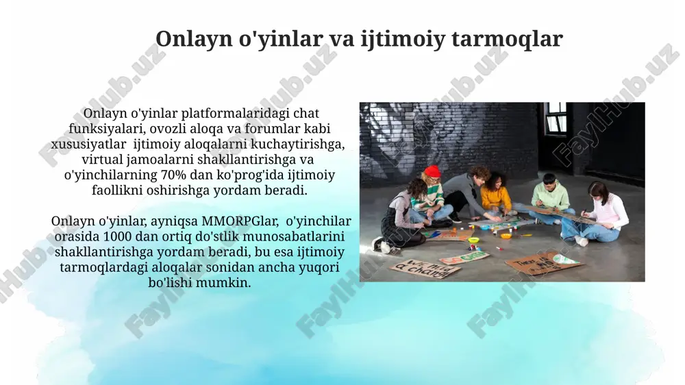 nlarda raqobatning 30%i va hamkorlikning 70%i muvaffaqiyatga erishish uchun muhim rol o'ynaydi, bu esa jamoaviy strategiyalarni rivojlantirishga yordam beradi. ko'p o'yinchili onlayn o'yinlar (mmo) 1000 dan ortiq o'yinchilarni birlashtirib, ularda raqobat va hamkorlikning murakkab dinamikasini namoyon etadi. o'yinlar va psixologik ta'sir hamkorlikka asoslangan o'yinlar, masalan, jamoaviy sport turlari, guruh birdamligini kuchaytiradi va empatiya darajasini 15% ga ko'taradi, bu o'zaro munosabatlarni yaxshilashga yordam beradi. o'yinlar ijtimoiy aloqalarni mustahkamlashga yordam beradi, ular orqali 60% gacha bo'lgan ishtirokchilar o'zlarini qulay va xotirjam his qiladilar, bu esa ijtimoiy fobiya bilan kurashishda samarali vosita bo'lishi mumkin. o'yinlar va ijtimoiy aloqalar o'yinlar strategik fikrlashni va muammoni hal qilishni talab qiladi, bu jarayonlarda 3-5 kishidan iborat jamoalar birgalikda ishlash orqali bir-birlariga bo'lgan ishonch va hamkorlikni mustahkamlaydi. o'yinlar, ayniqsa, ko'p o'yinchi onlayn o'yinlar, o'yinchilar o'rtasida 200 dan ortiq so'zlashuv kanallarini yaratish orqali kuchli ijtimoiy aloqalarni rivojlantiradi va jamoaviy his-tuyg'ularni shakllantiradi. e'tiboringiz uchun rahmat @taqdimot_robot image2.jpg image3.jpg image4.jpg image5.jpg …