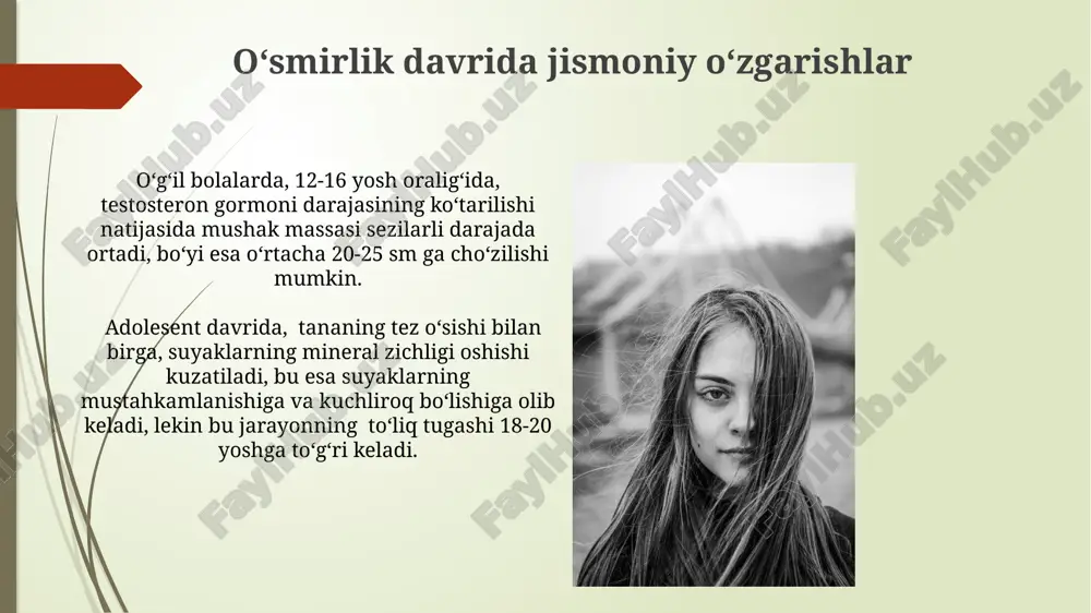 gʻida qizlar va oʻgʻil bolalarda oʻzaro munosabatlarga boʻlgan qiziqish sezilarli darajada ortadi. shaxsning oʻziga xosligi va identifikatsiyasi oʻsmirlik davrida shaxsning oʻziga xosligini shakllantirishda ijtimoiy ta’sirlarning 70% ga yaqini tengdoshlar guruhlari orqali amalga oshadi, bu esa identifikatsiya jarayoniga sezilarli ta’sir koʻrsatadi. eriksonning psixososial rivojlanish nazariyasiga koʻra, oʻsmirlik davri identifikatsiya yoki rollar chalkashligi bosqichi boʻlib, muvaffaqiyatli identifikatsiya oʻziga ishonchni 85% ga oshiradi. oʻsmirlik davridagi ijtimoiy munosabatlar oiladagi munosabatlar oʻsmirlik davrida qayta koʻrib chiqiladi, mustaqillikka intilish va ota-onalar bilan tortishuvlar soni 2-3 baravar ortadi, bu esa avtonomiya rivojlanishining belgisidir. oʻsmirlar oʻzlarini kattalar dunyosiga singdirishga harakat qilib, romanik munosabatlarga kirishadilar, bu esa 70% hollarda hissiy jihatdan murakkab va qisqa muddatli boʻladi. kognitiv rivojlanish va fikrlash uslublari adolesentlarda abstrakt fikrlash rivojlanadi, ular 12-15 yosh oraligʻida gʻoyalarni ramziy va mavhum darajada tushunish qobiliyatiga ega boʻlib, murakkab muammolarni hal qilishda mantiqiy fikrlashdan foydalanadilar. adolesentlarning diqqat e'tiborining hajmi va davomiyligi oshadi, lekin ularning e'tiborini bir vaqtning o'zida bir …