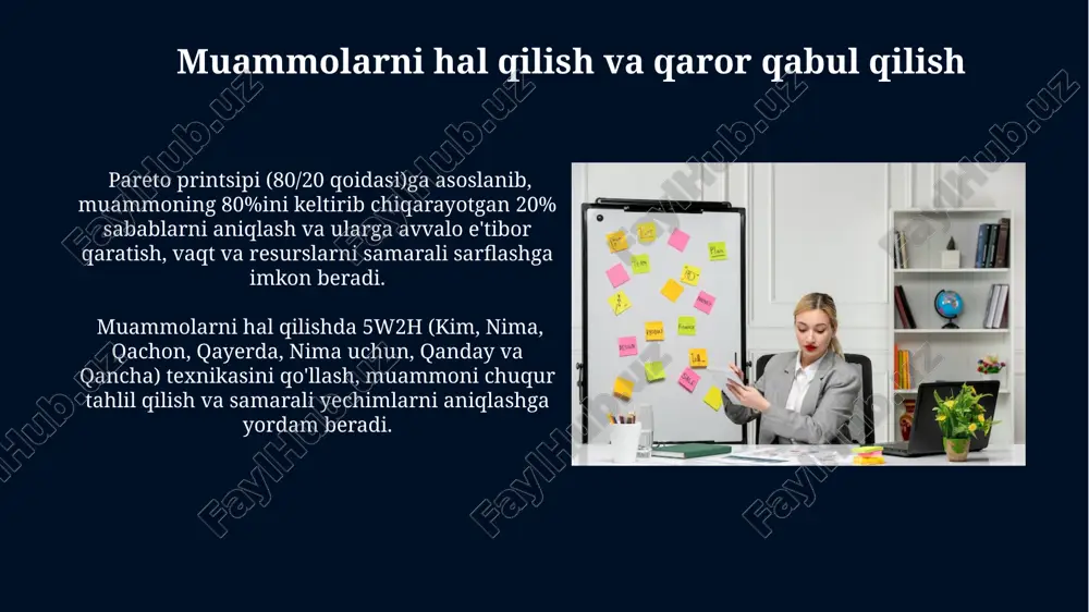 mumkin. o'z ustida ishlash bo'yicha 5 ta kitobni o'qib chiqib, har bir kitobdan olgan bilimlarni amalda qo'llashga harakat qilish va natijalarni tahlil qilish orqali shaxsiy rivojlanish strategiyasini shakllantirish mumkin. ijobiy fikrlash va o'ziga ishonchni mustahkamlash salbiy fikrlarni aniqlash va ularni ijobiy fikrlar bilan almashtirish, o'z-o'zini baholashni 15 balldan 20 ballgacha oshirishga yordam beradi, bu o'ziga ishonchning o'sishiga olib keladi. ijobiy fikrlashni rivojlantirish uchun kamida 5 ta turli usulni qo'llash, masalan, jurnal yurituvchi, tasavvur qilish va minnatdorchilikni ifoda etish, o'ziga bo'lgan ishonchni 20% ga oshirishi mumkin. o'z-o'zini baholash va o'zgarishlarni amalga oshirish o'z-o'zini baholashda 5 ballli shkala yordamida zaif va kuchli tomonlaringizni aniqlash va ularni 3 oylik reja asosida rivojlantirish samarali natijalar beradi. o'z-o'zini tanqid qilishdan saqlanib, 70/30 qoidasiga amal qilish (70% muvaffaqiyatlarga, 30% kamchiliklarga e'tibor qaratish) o'ziga bo'lgan ishonchni oshiradi. samarali aloqa va jamoada ishlash konfliktlarni hal qilishning 3 usuli mavjud: murosaga kelish, kompromissga borish va muammoni hal qilish. samarali …